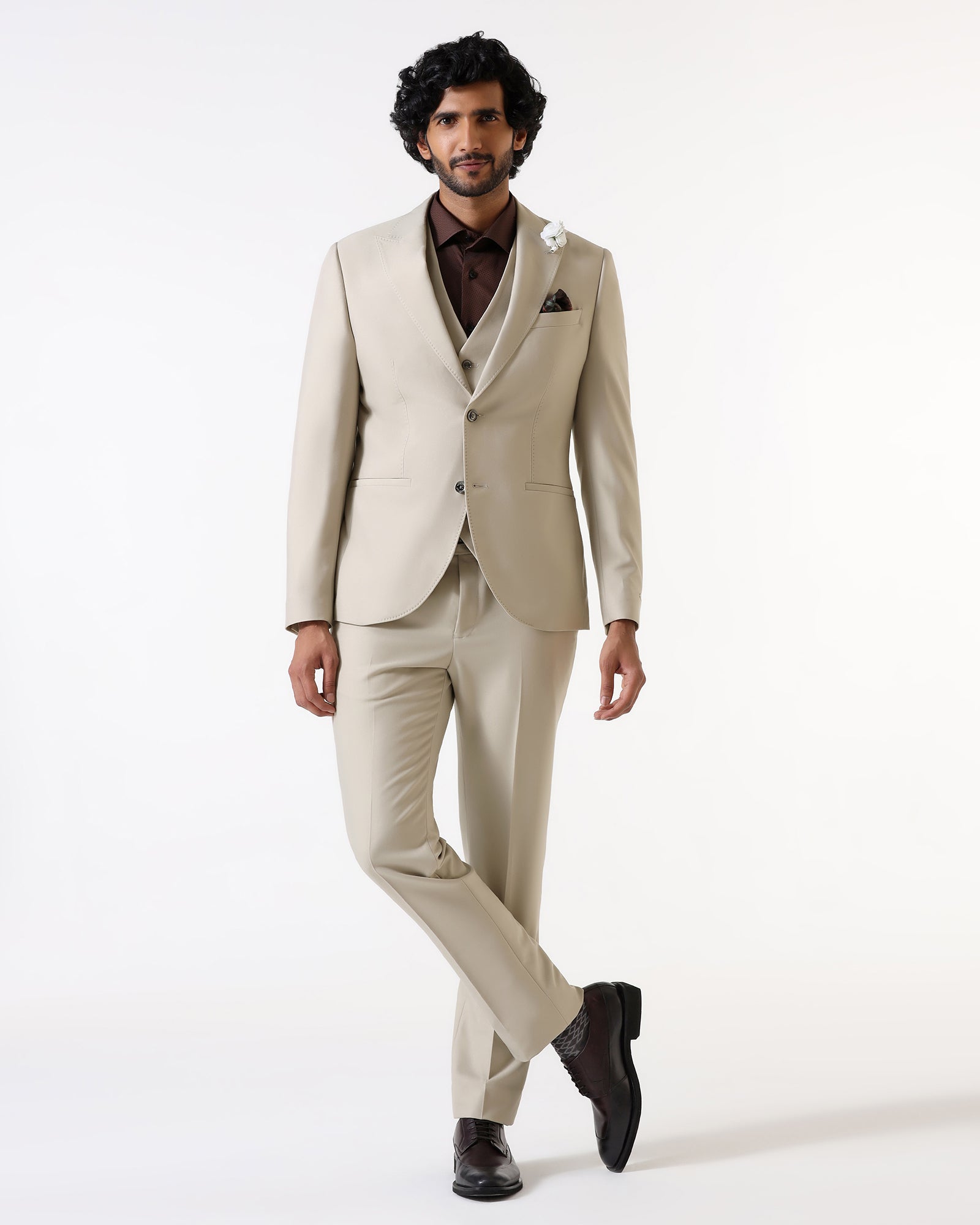Beige Three Piece Solid Suit - Flint