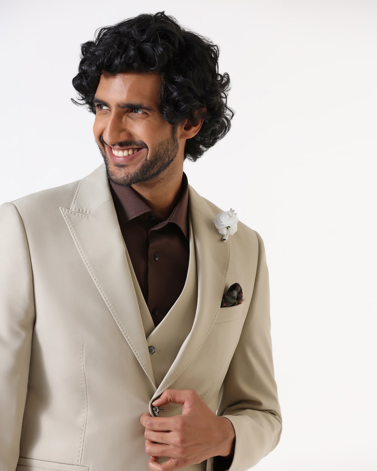 Beige Three Piece Solid Suit - Flint