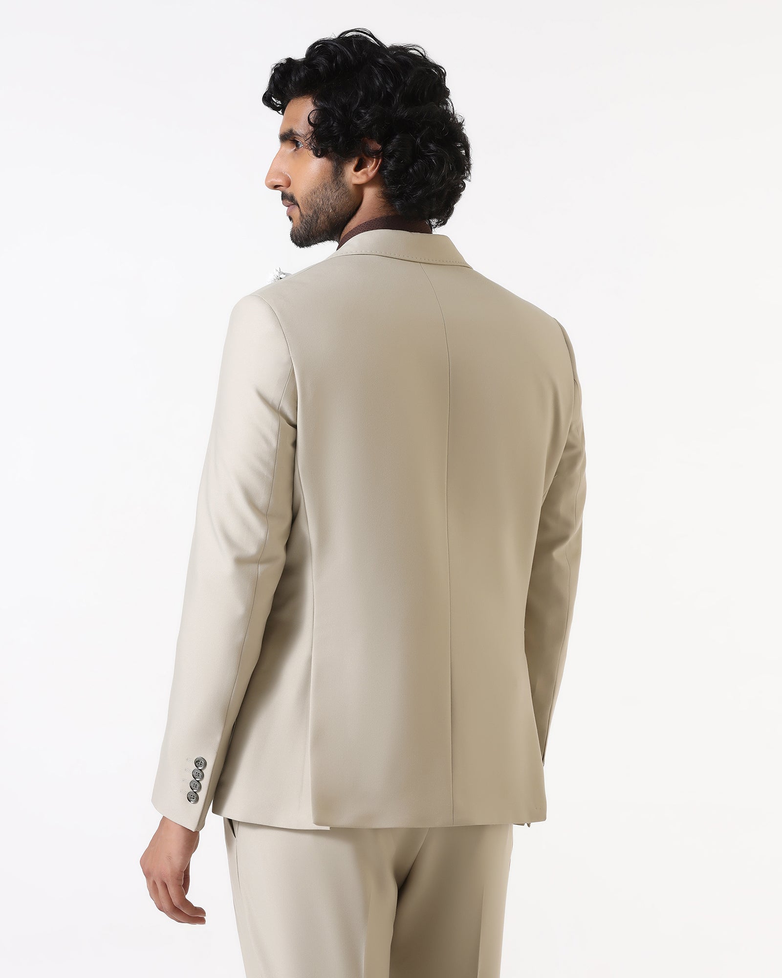 Beige Three Piece Solid Suit - Flint
