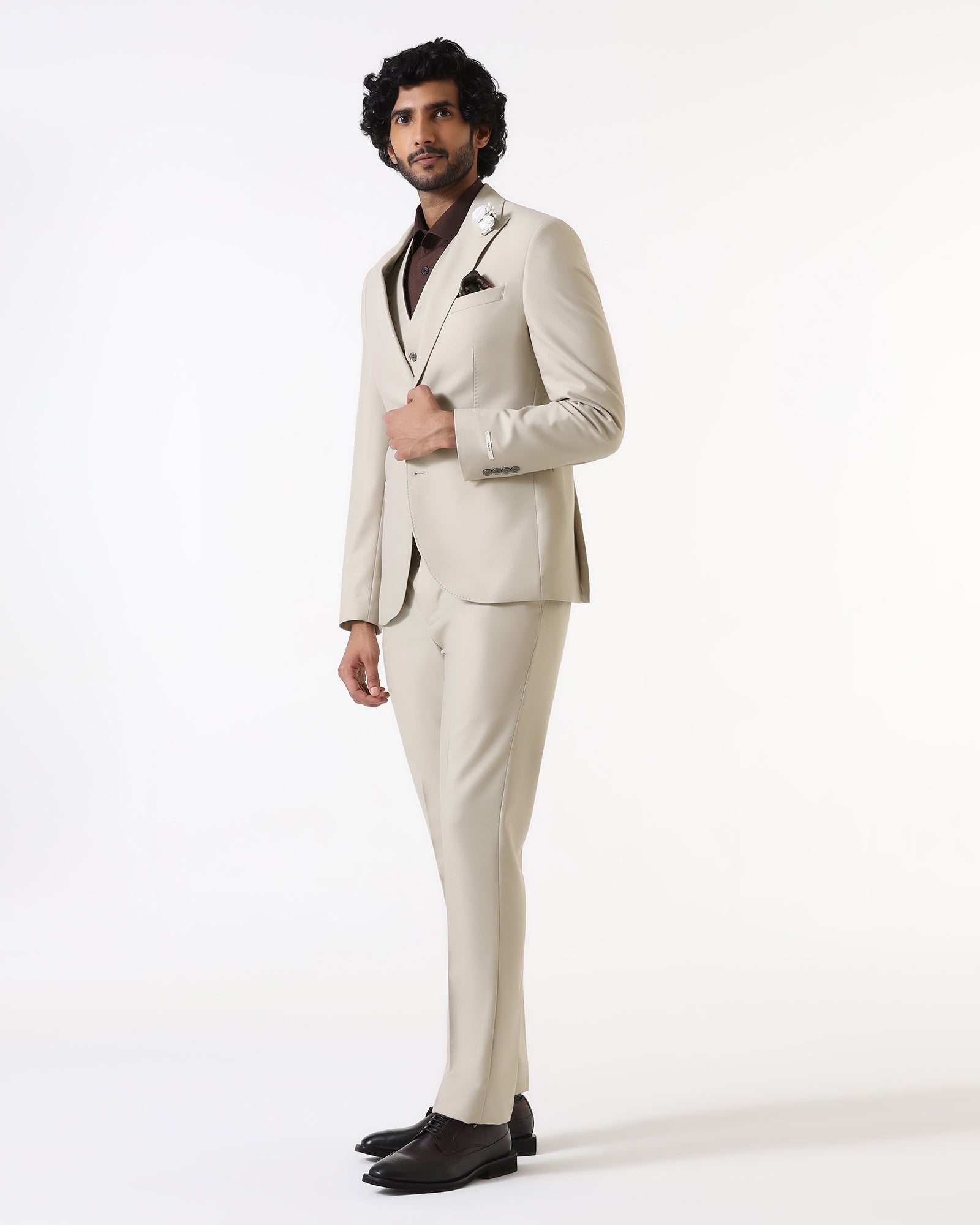 Beige Three Piece Solid Suit - Flint