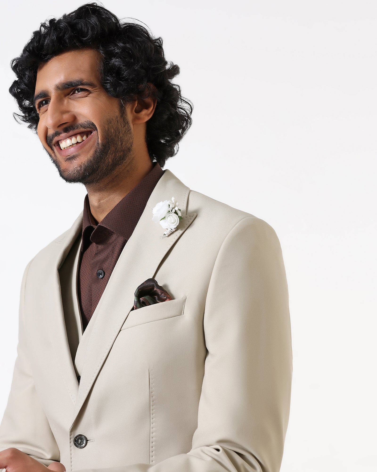 Beige Three Piece Solid Suit - Flint