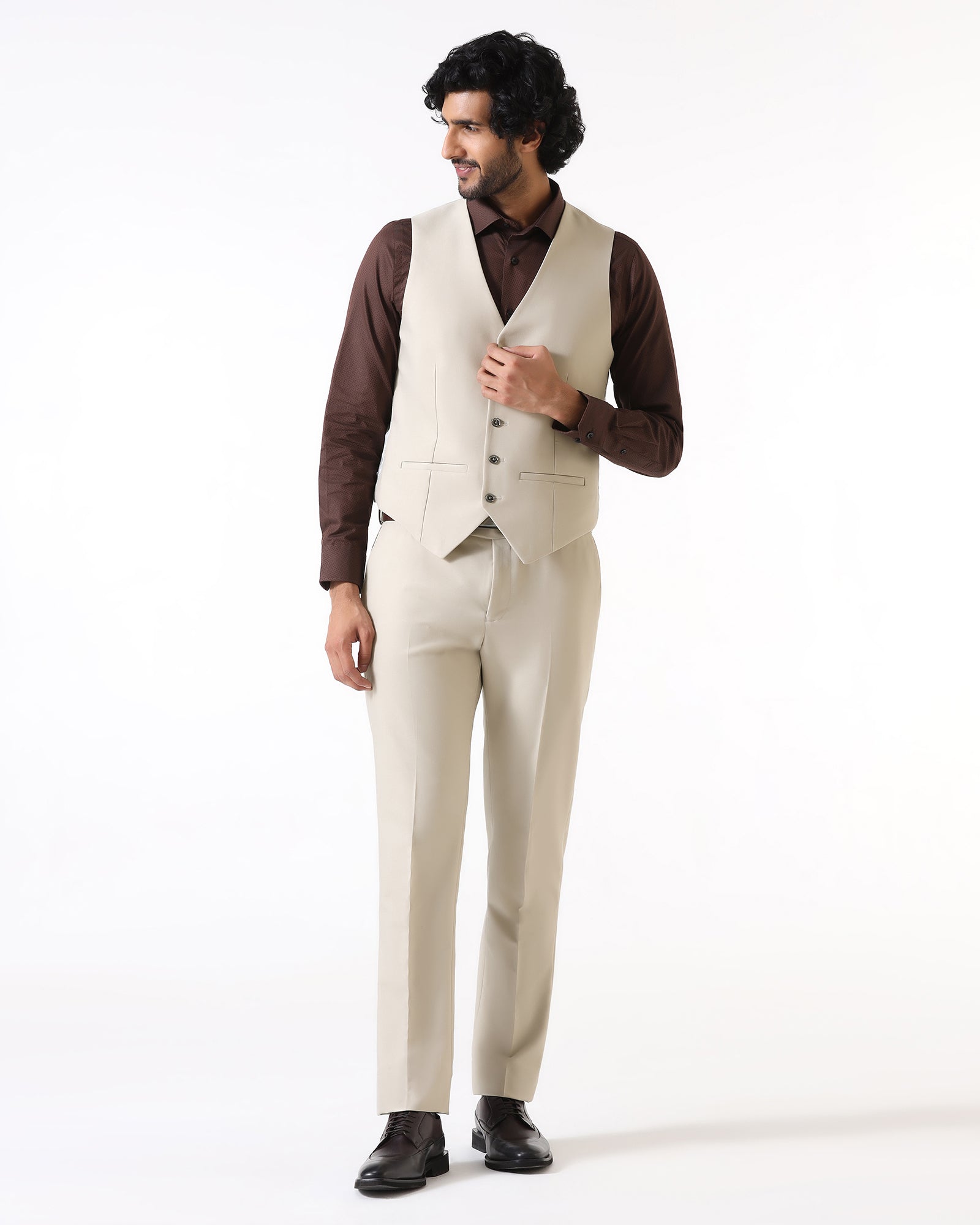 Beige Three Piece Solid Suit - Flint