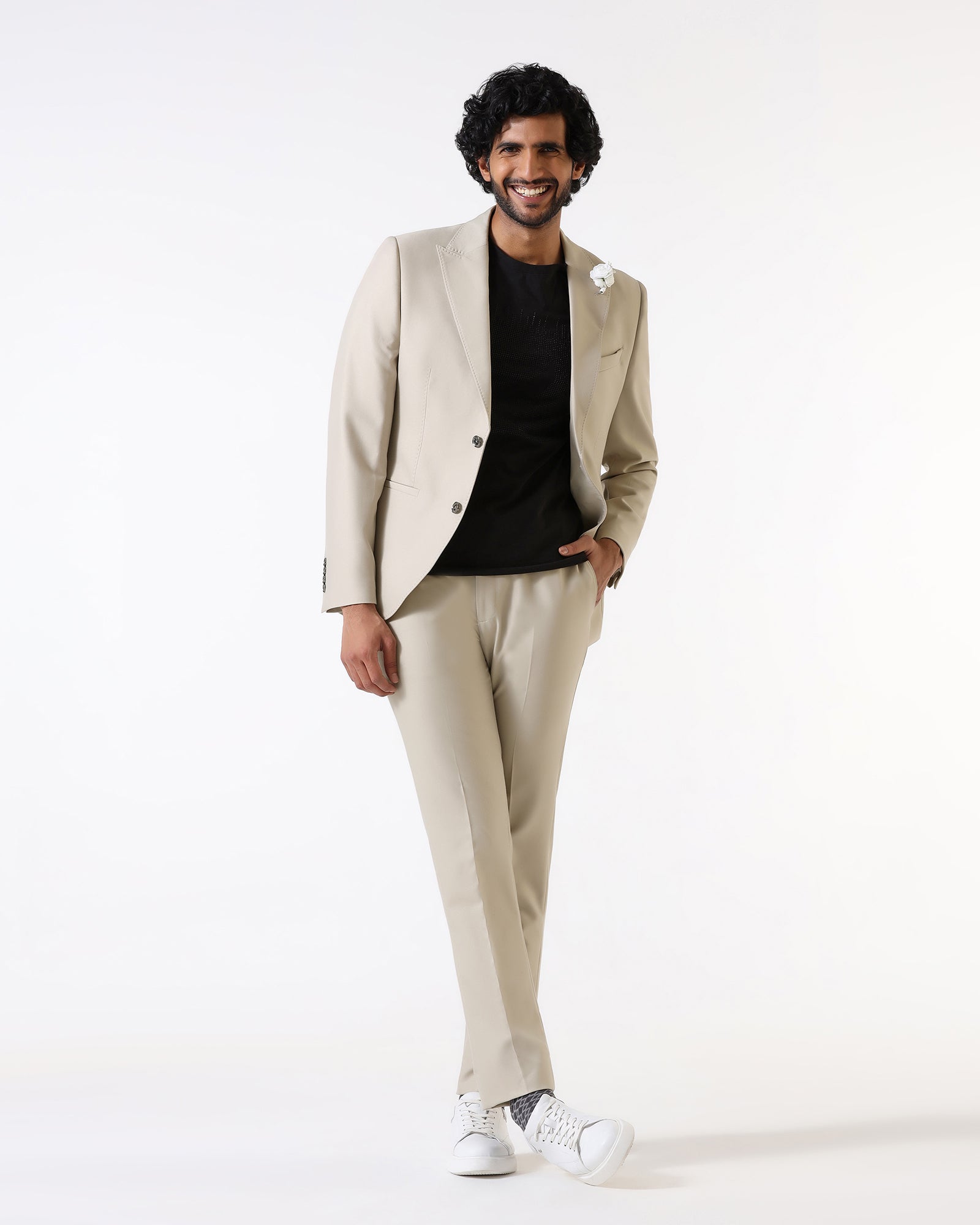 Beige Three Piece Solid Suit - Flint