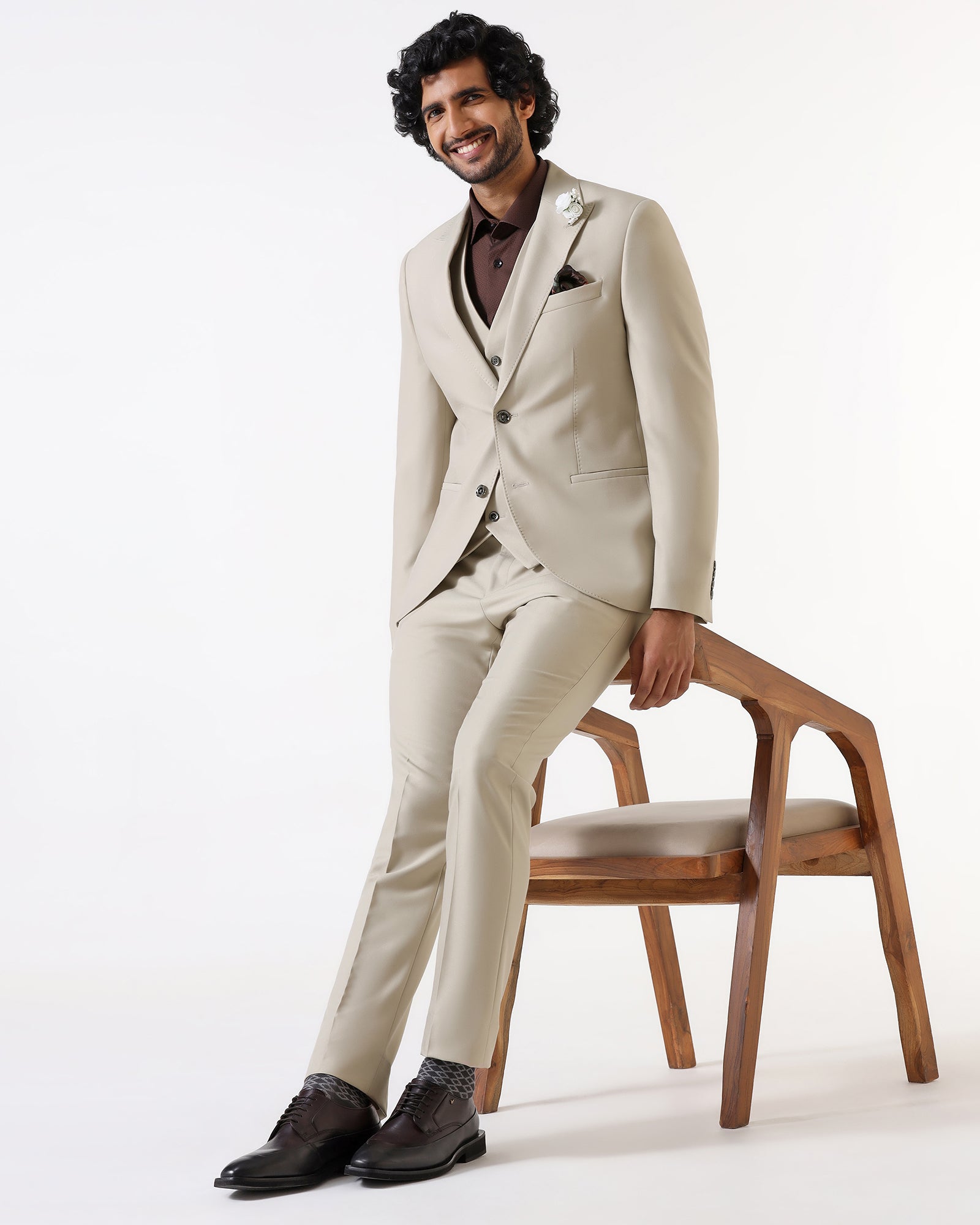 Beige Three Piece Solid Suit - Flint