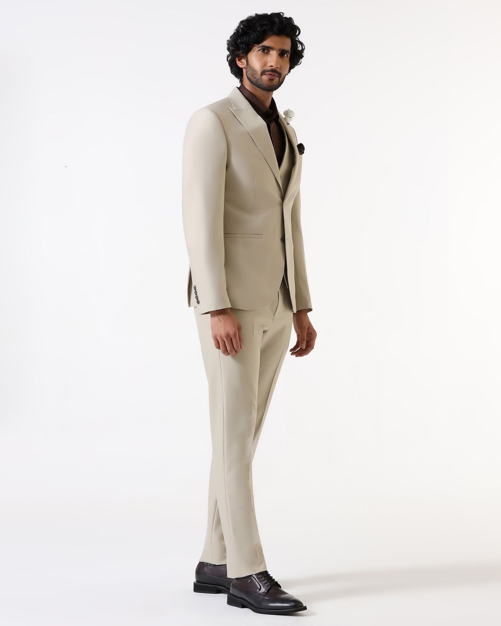 Beige Three Piece Solid Suit - Flint