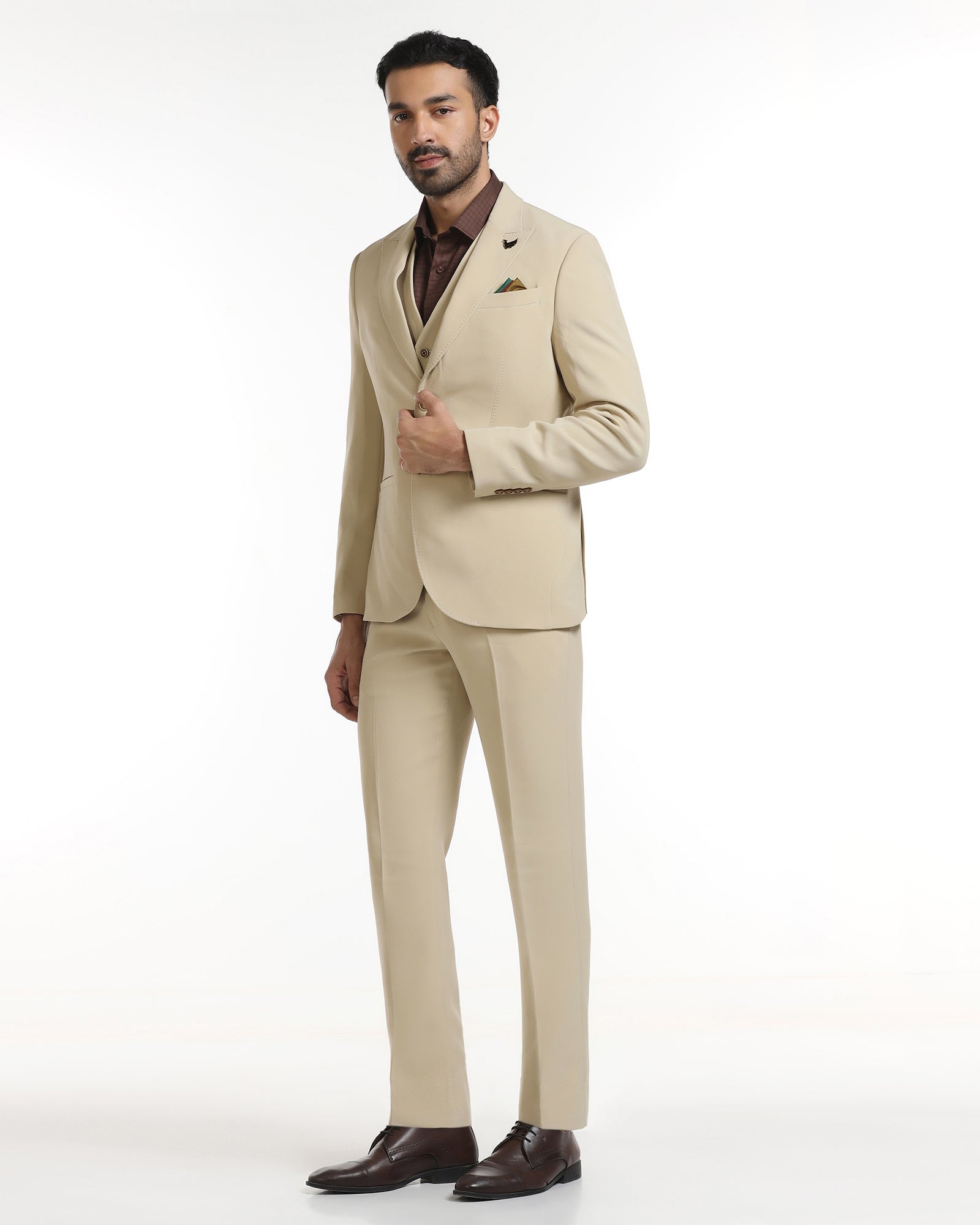 Beige Three Piece Solid Suit - Kover