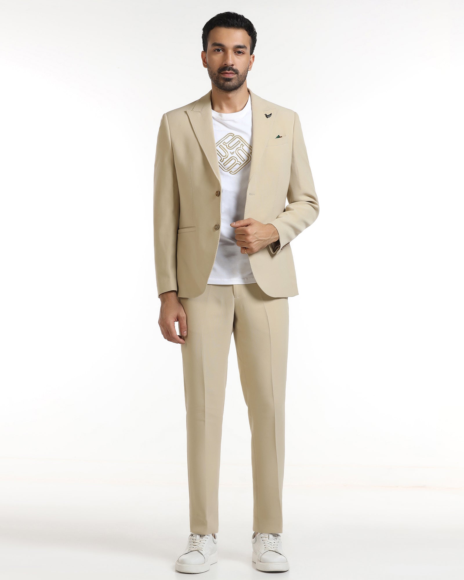 Beige Three Piece Solid Suit - Kover