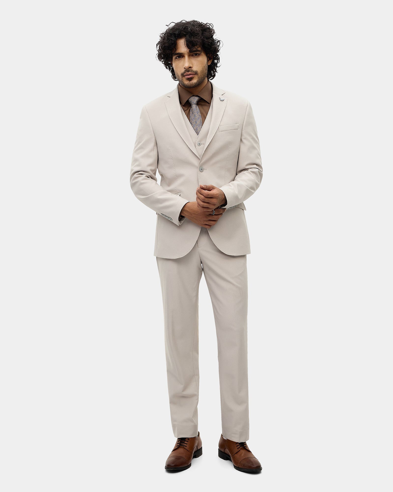 Beige Three Piece Textured Suit - Fidela