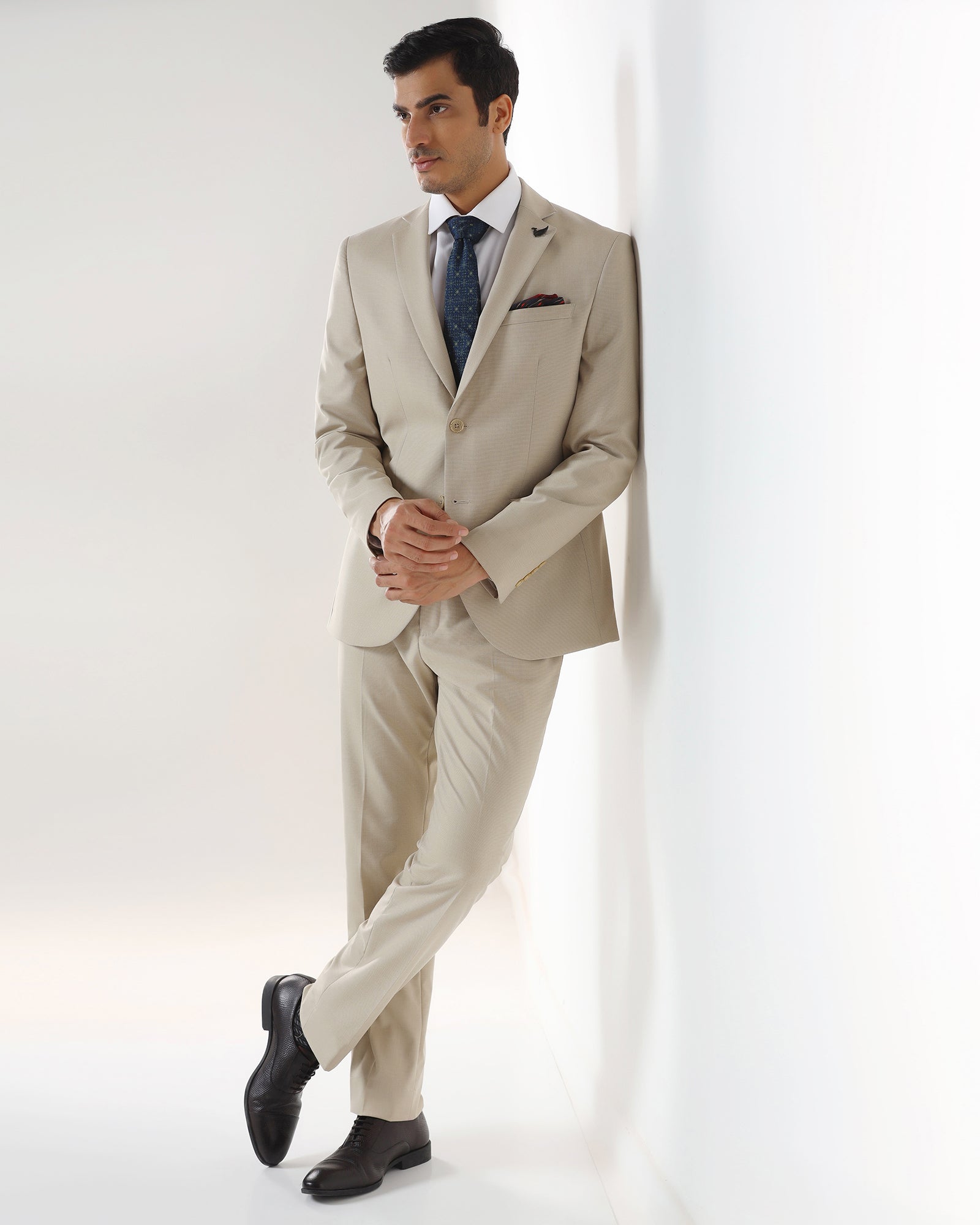 Beige Two Piece Textured Suit - Brim