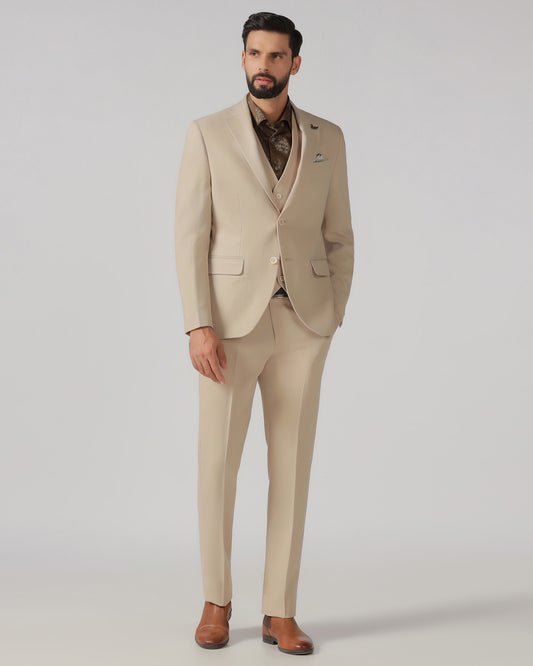 Beige Three Piece Textured Suit - Rotex