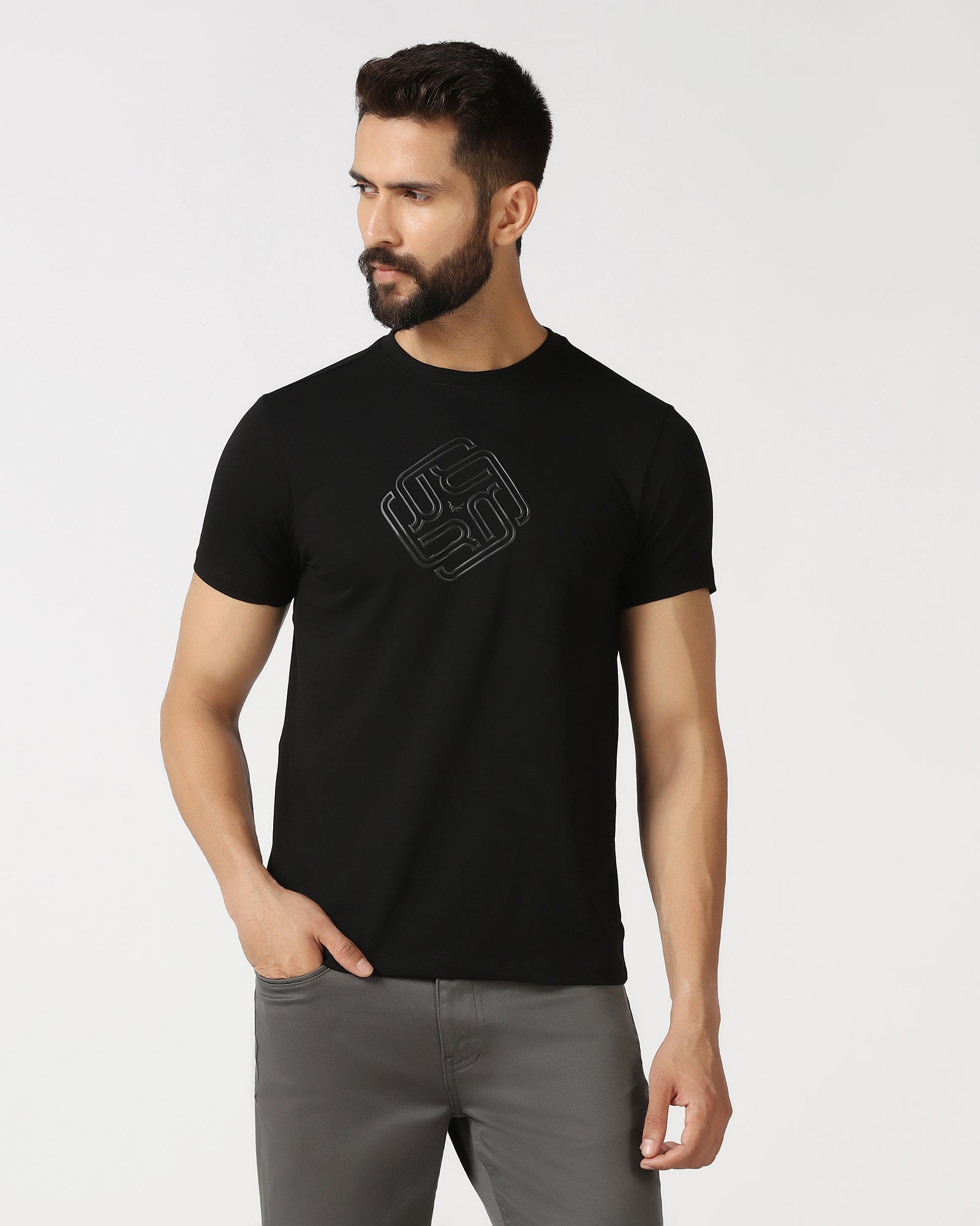 Black Crew Neck Textured T-Shirt - Crown