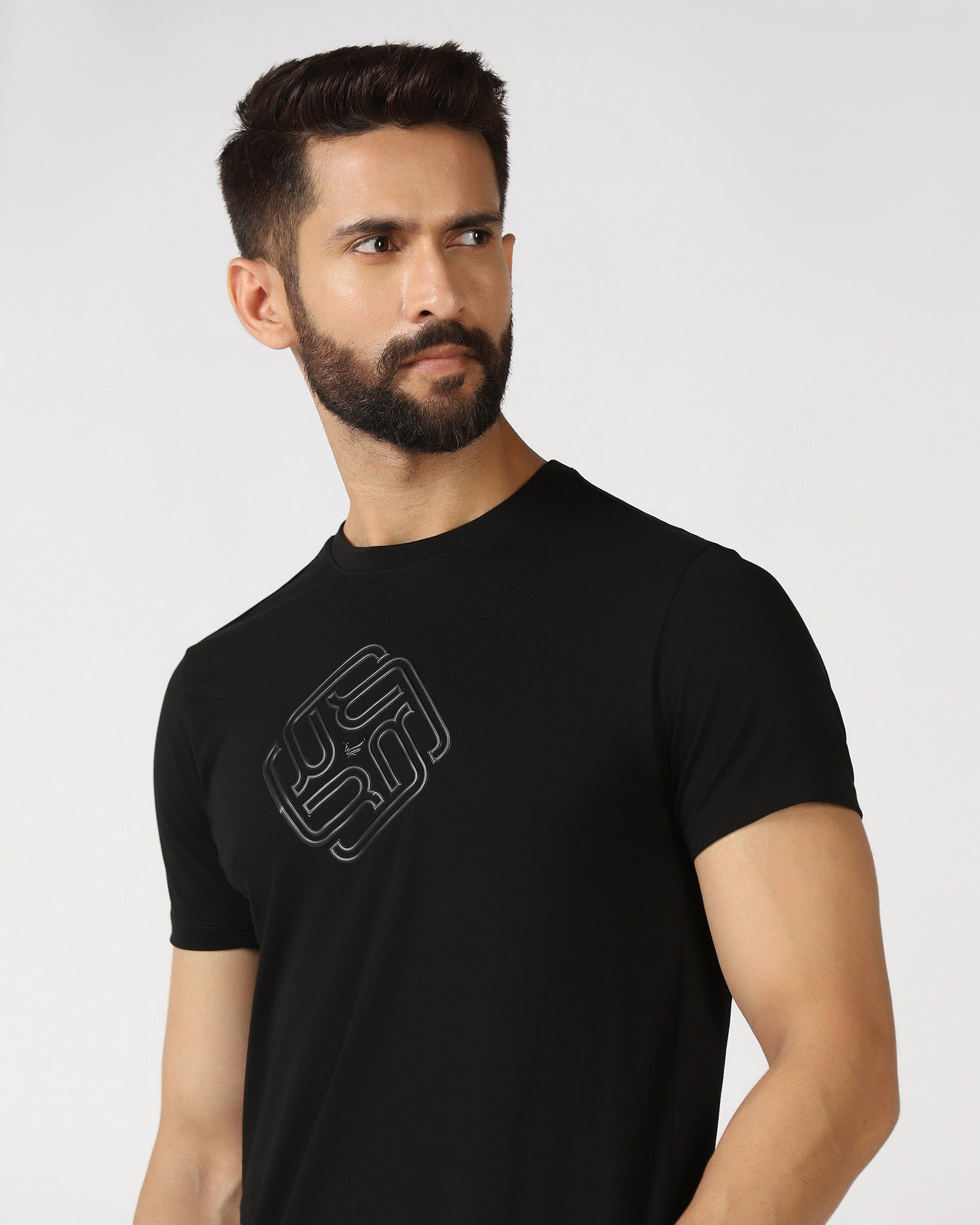 Black Crew Neck Textured T-Shirt - Crown