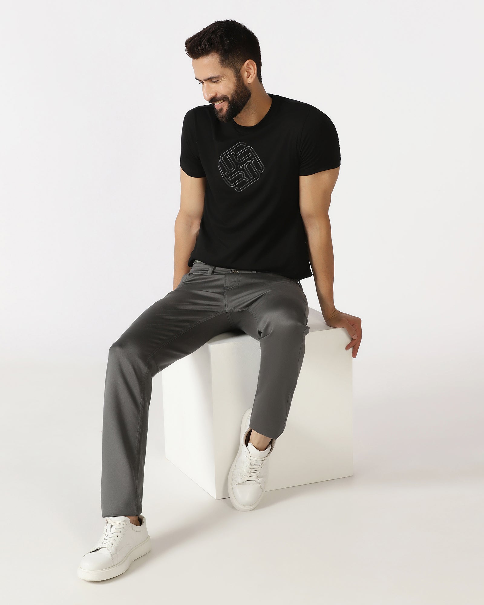 Black Crew Neck Textured T-Shirt - Crown