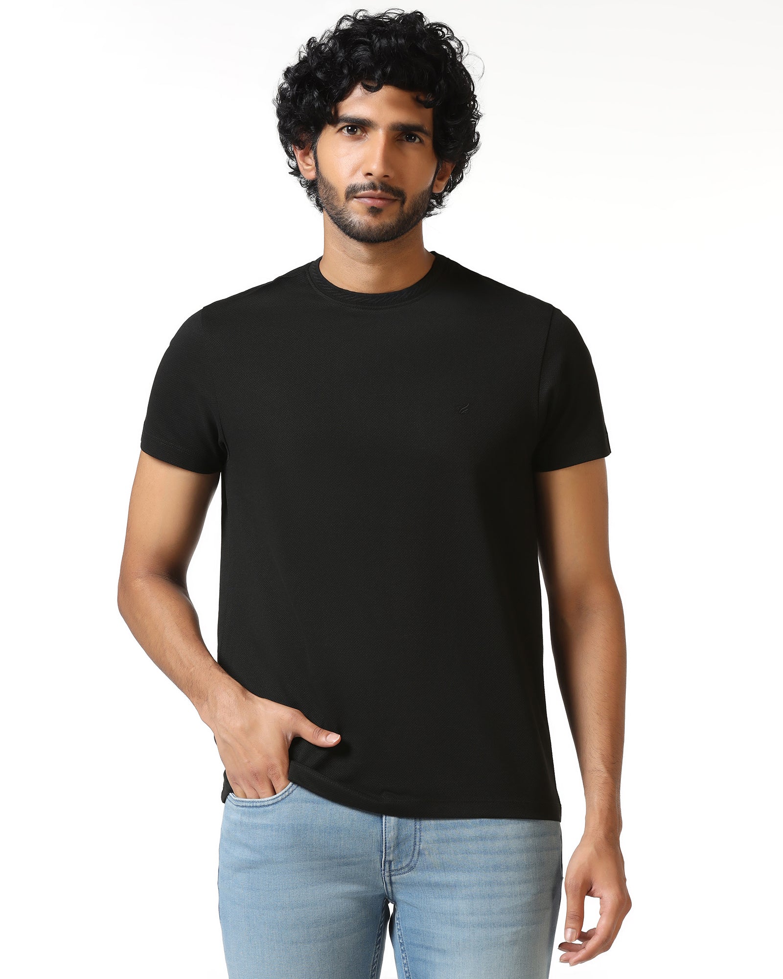 Black Crew Neck Textured T-Shirt - Hexa
