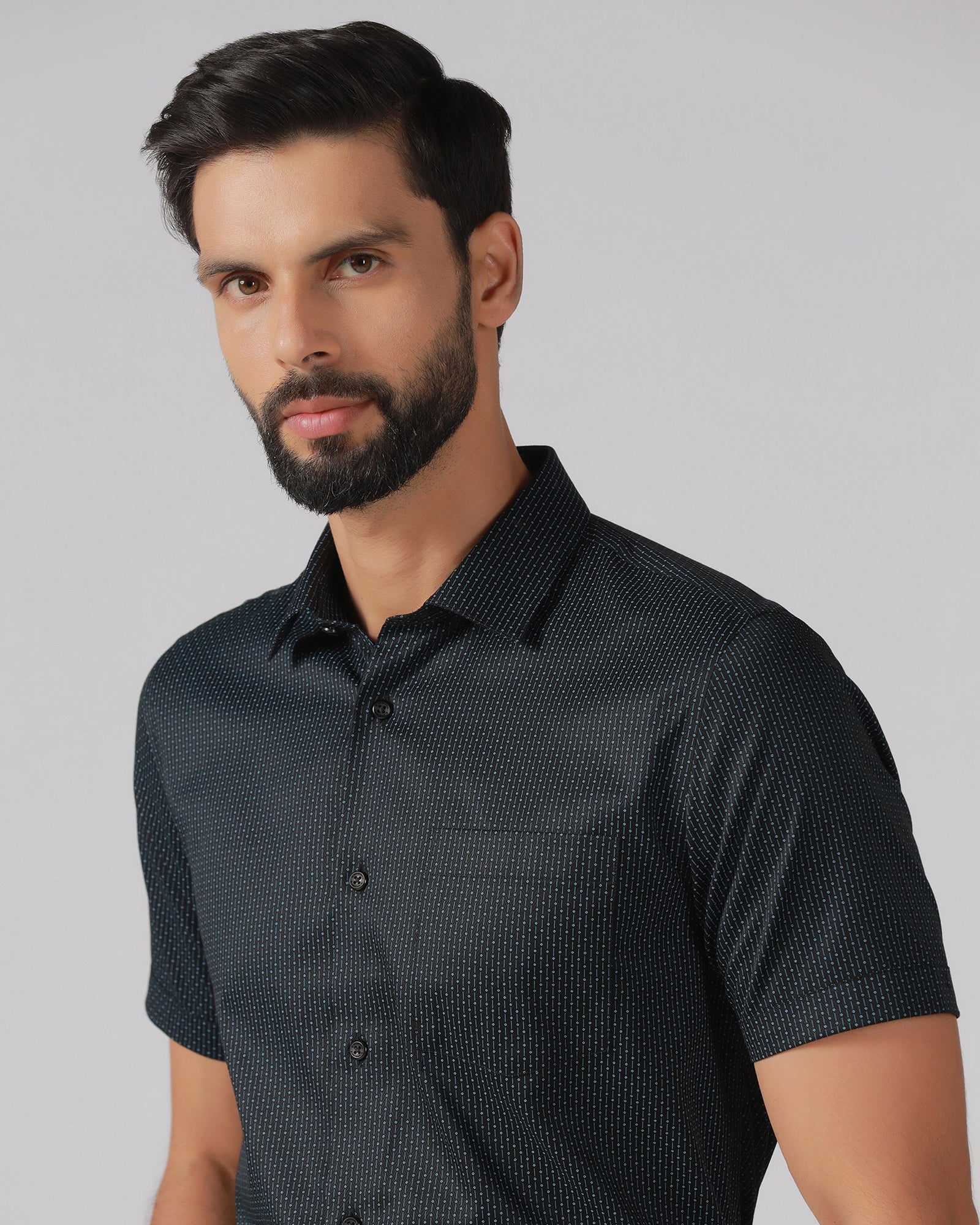 Black Half Sleeve Unwrinkle Printed Shirt - Radiant