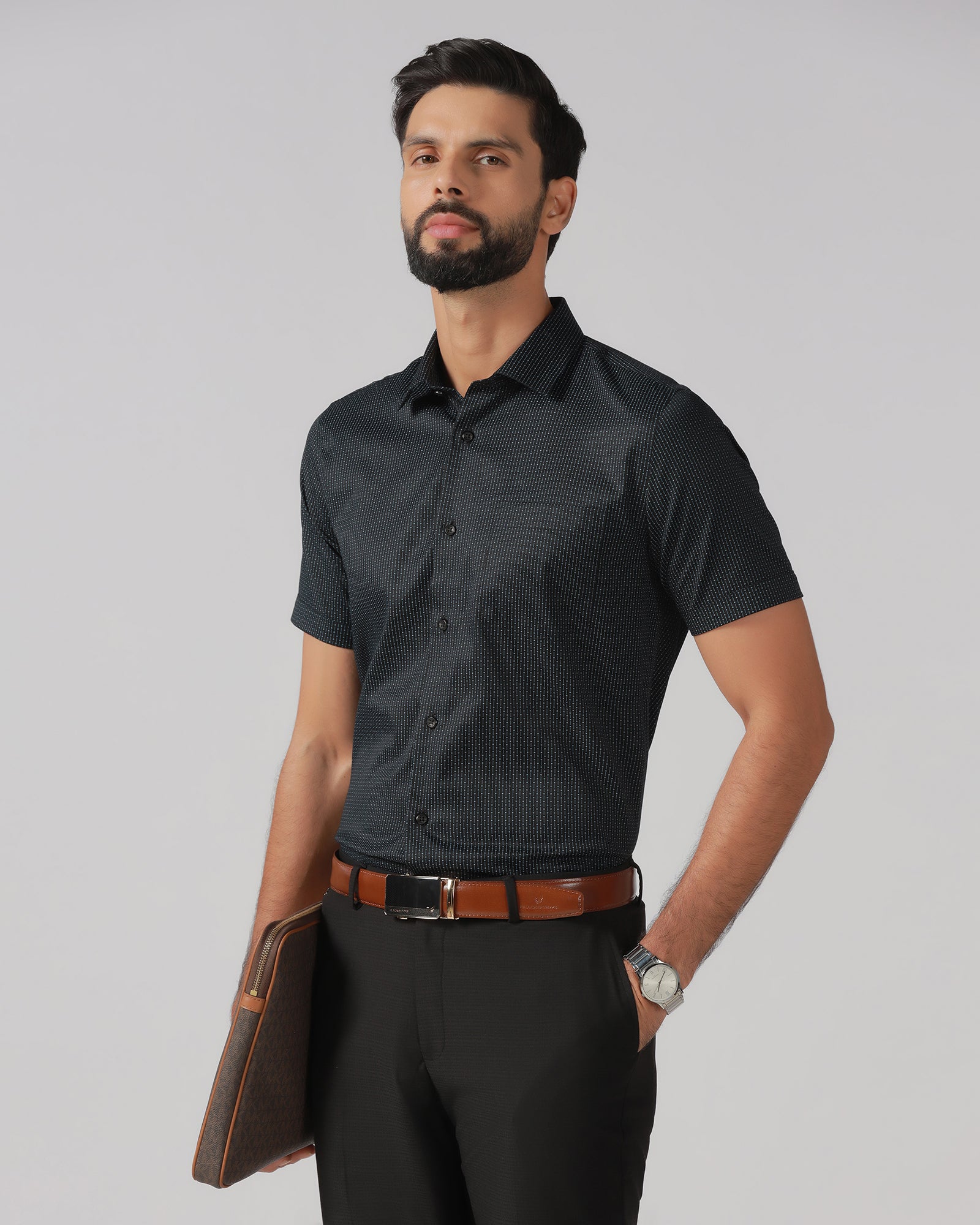 Black Half Sleeve Unwrinkle Printed Shirt - Radiant