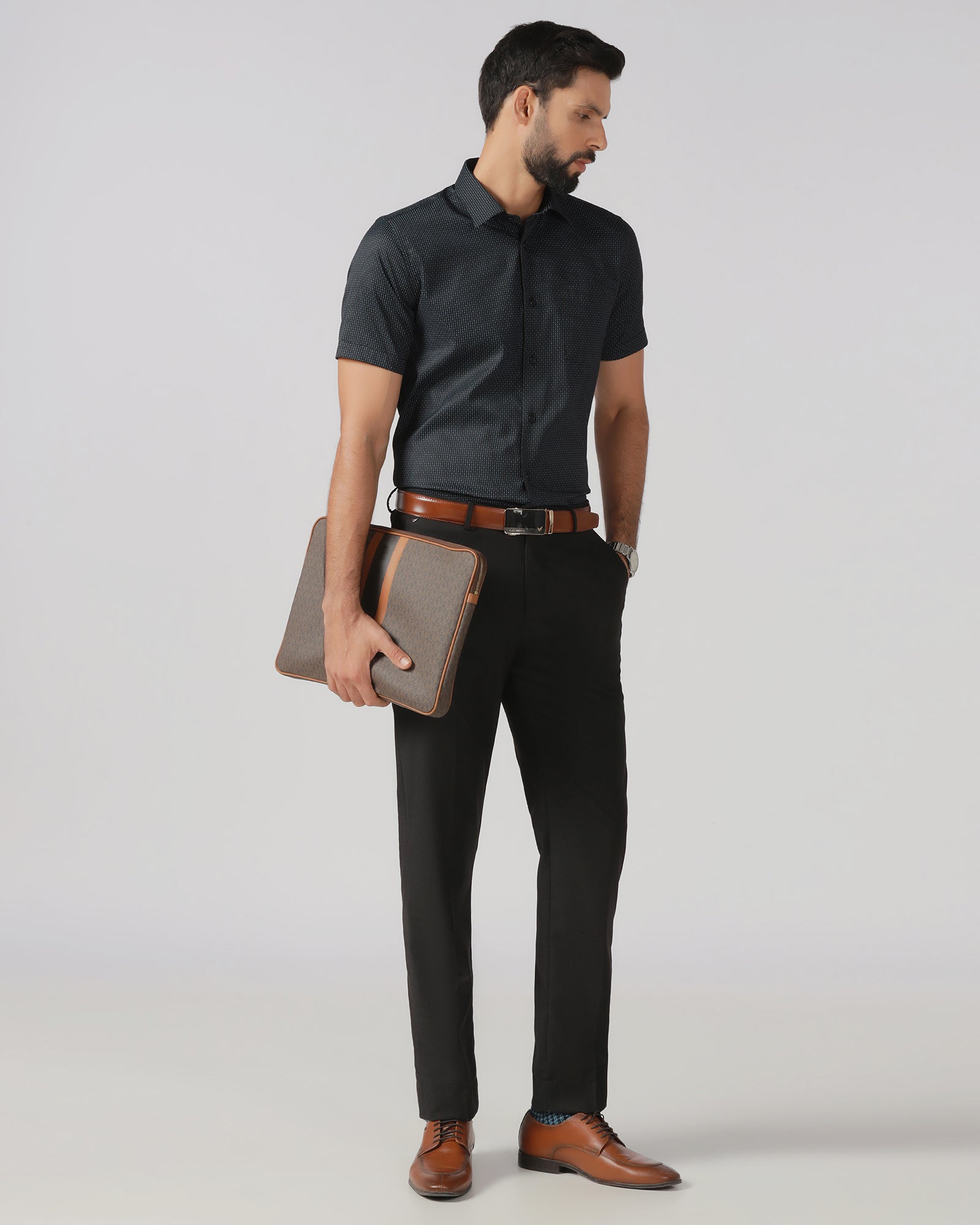 Black Half Sleeve Unwrinkle Printed Shirt - Radiant