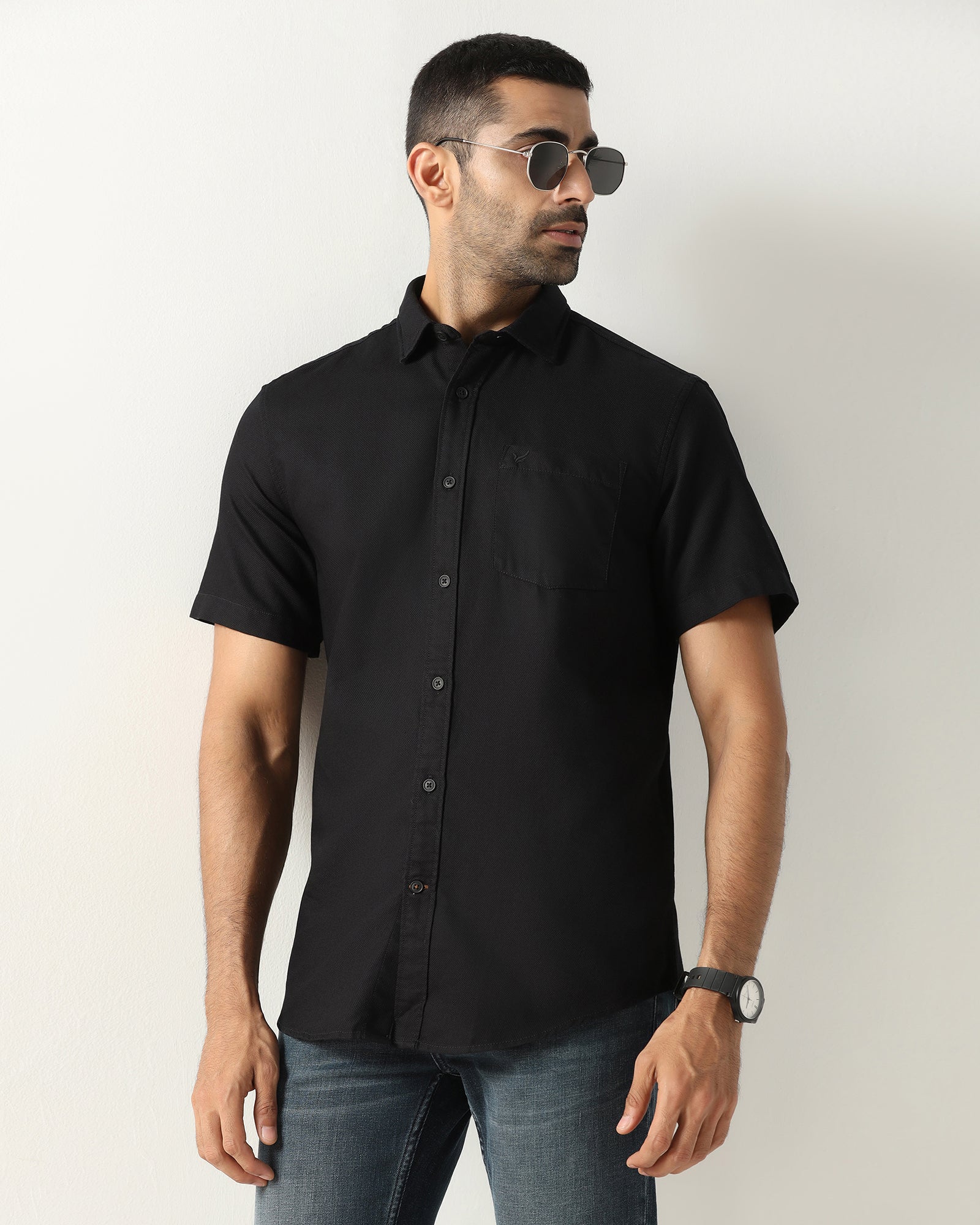 Black Half Sleeve Textured Shirt - Caty