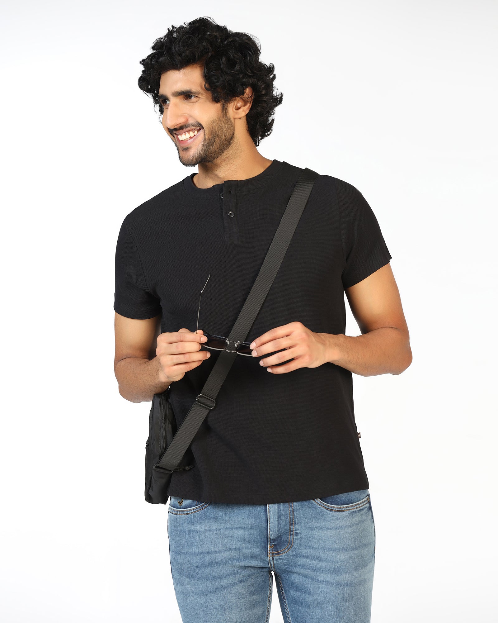 Black Henley Collar Textured T-Shirt - Hann