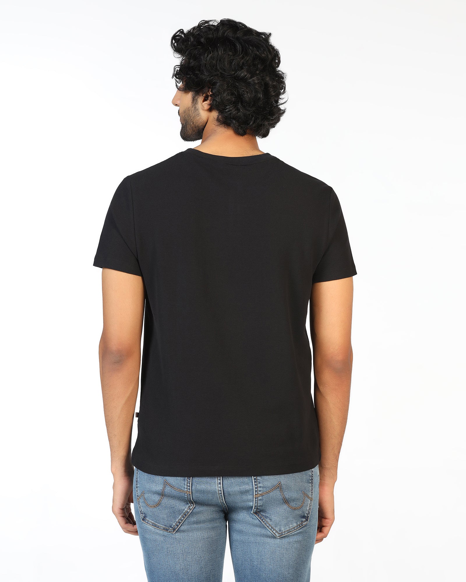 Black Henley Collar Textured T-Shirt - Hann