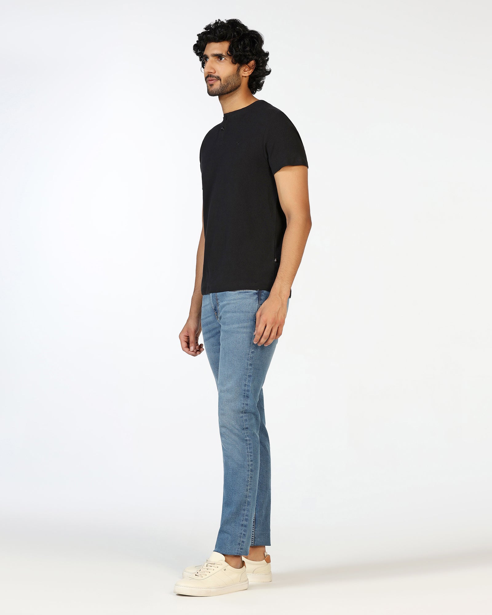 Black Henley Collar Textured T-Shirt - Hann
