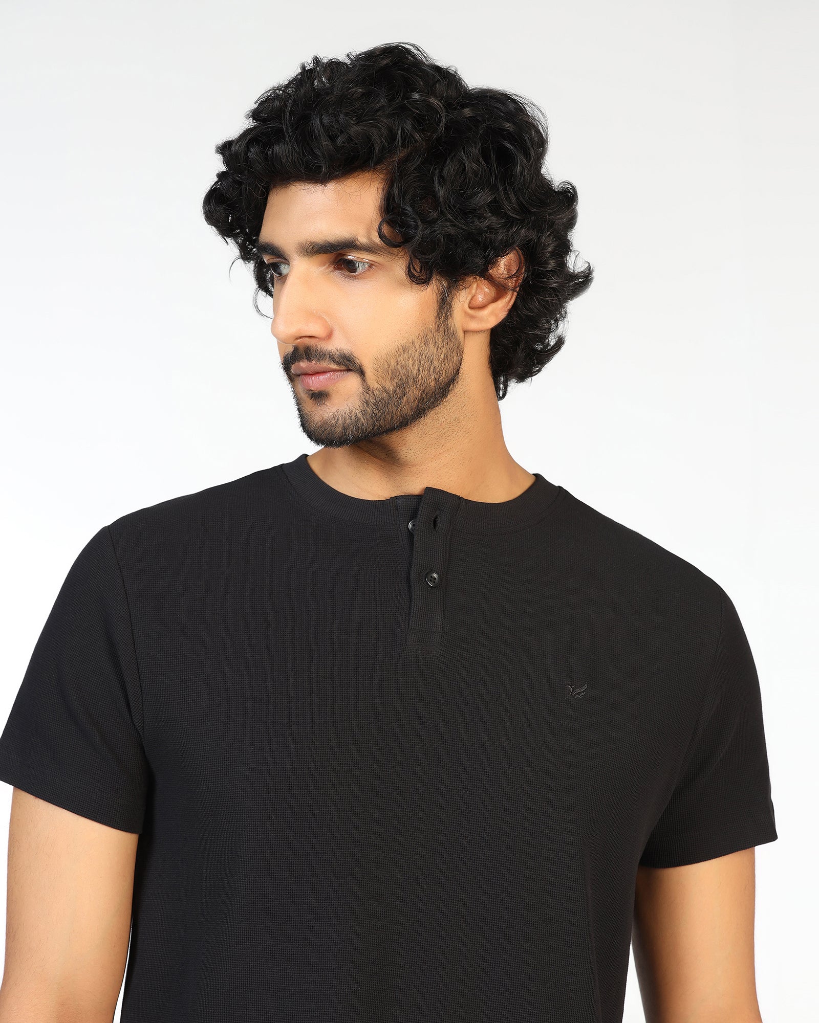 Black Henley Collar Textured T-Shirt - Hann