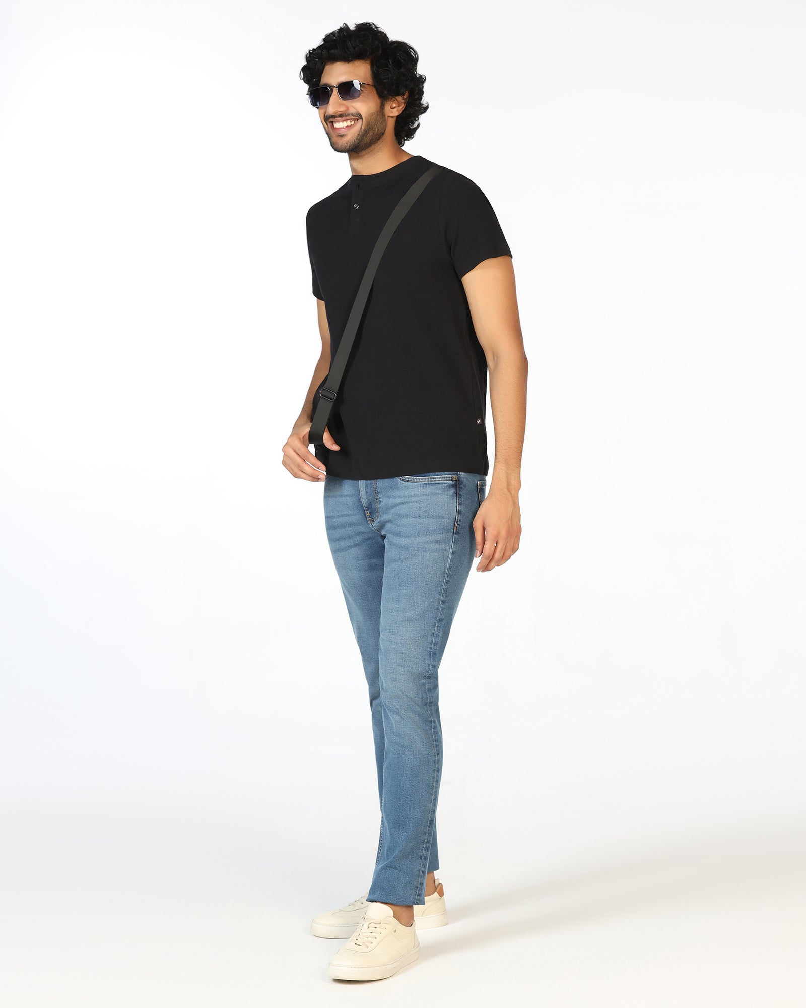 Black Henley Collar Textured T-Shirt - Hann