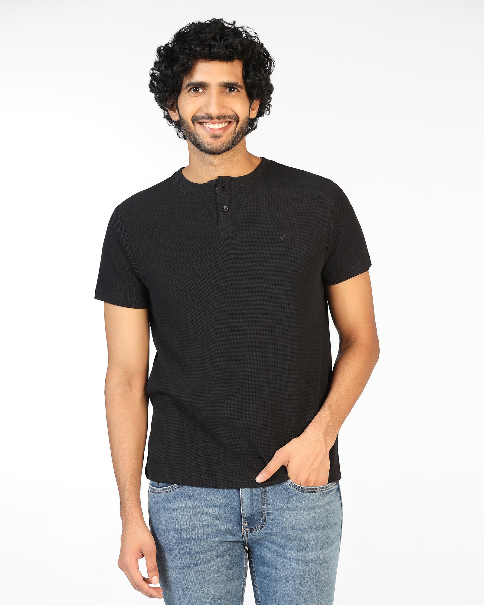 Black Henley Collar Textured T-Shirt - Hann