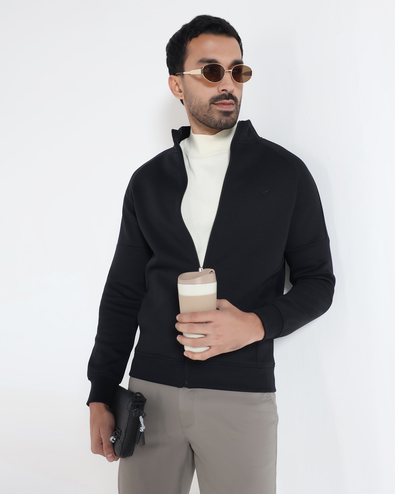 Black High Neck Solid Sweatshirt - Decy