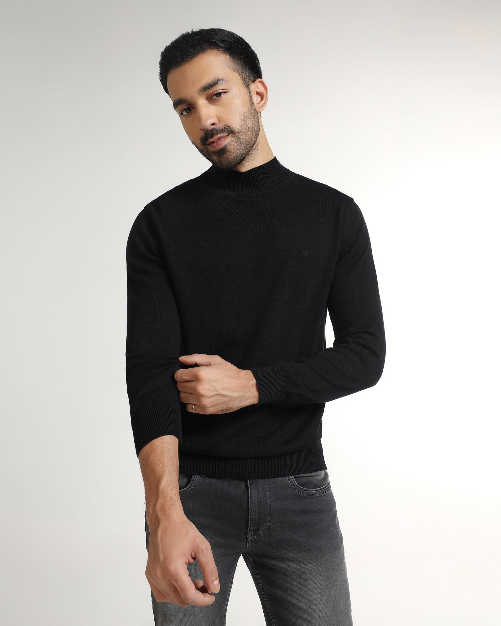 Black High Neck Solid Sweater - Pop