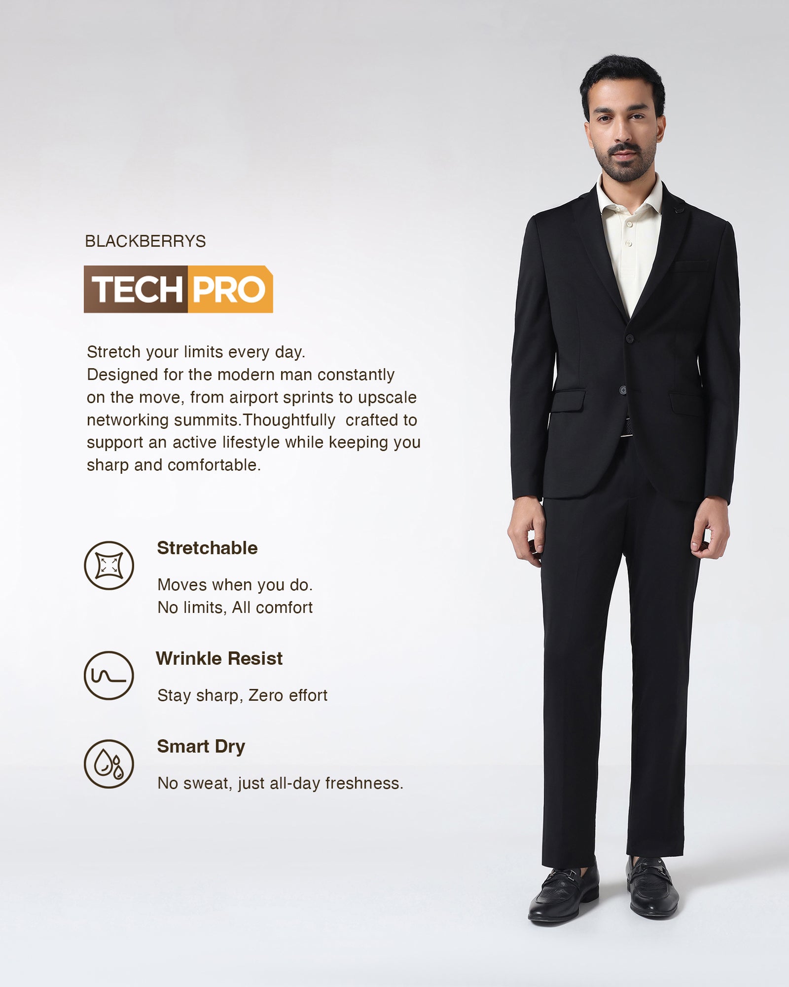 Black Techpro Two Piece Solid Suit - Delore