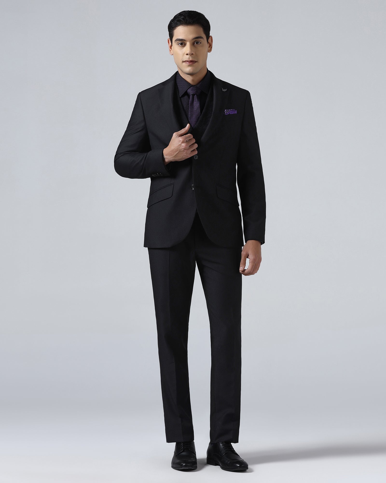 Black Three Piece Textured Suit - Kizu
