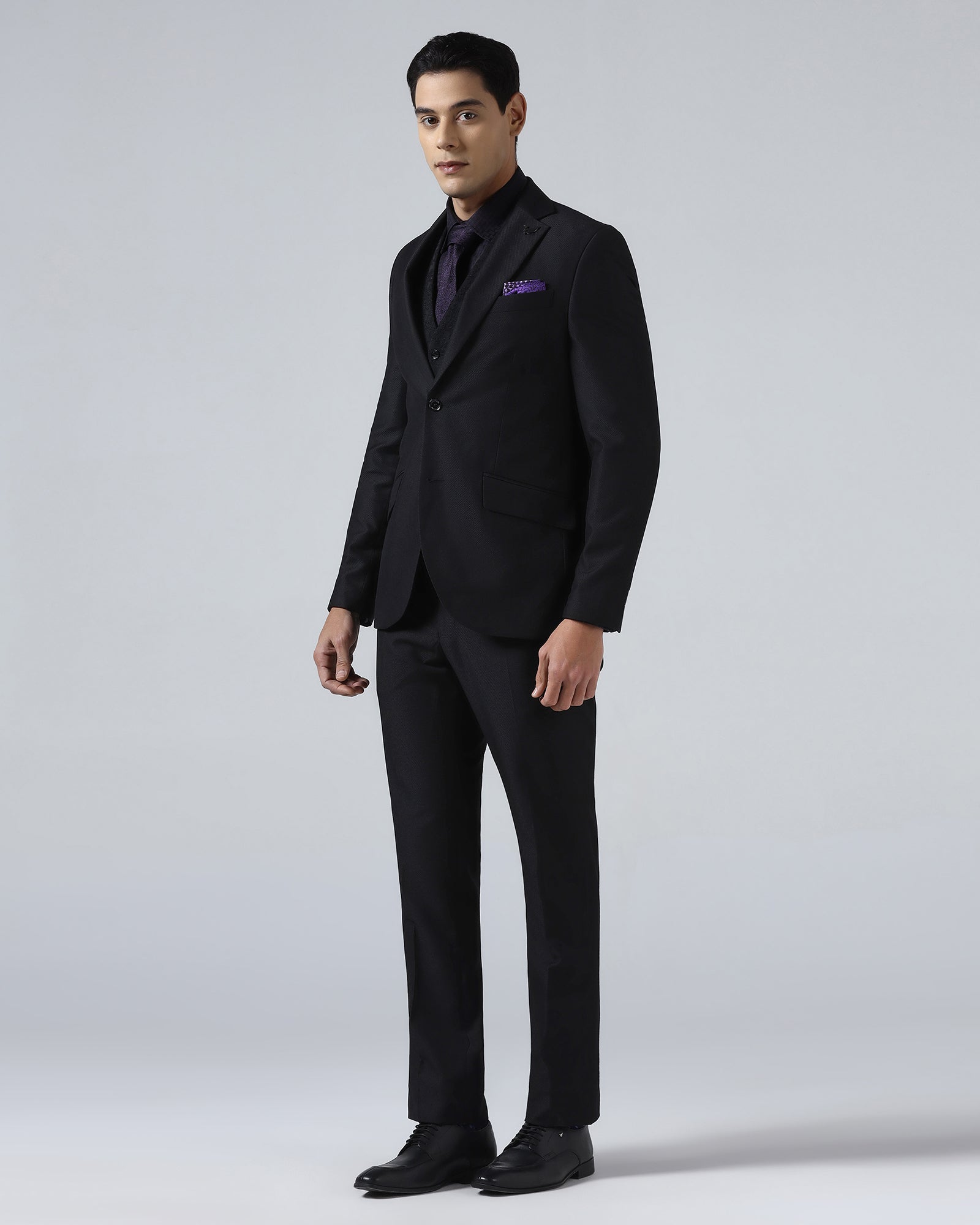 Black Three Piece Textured Suit - Kizu
