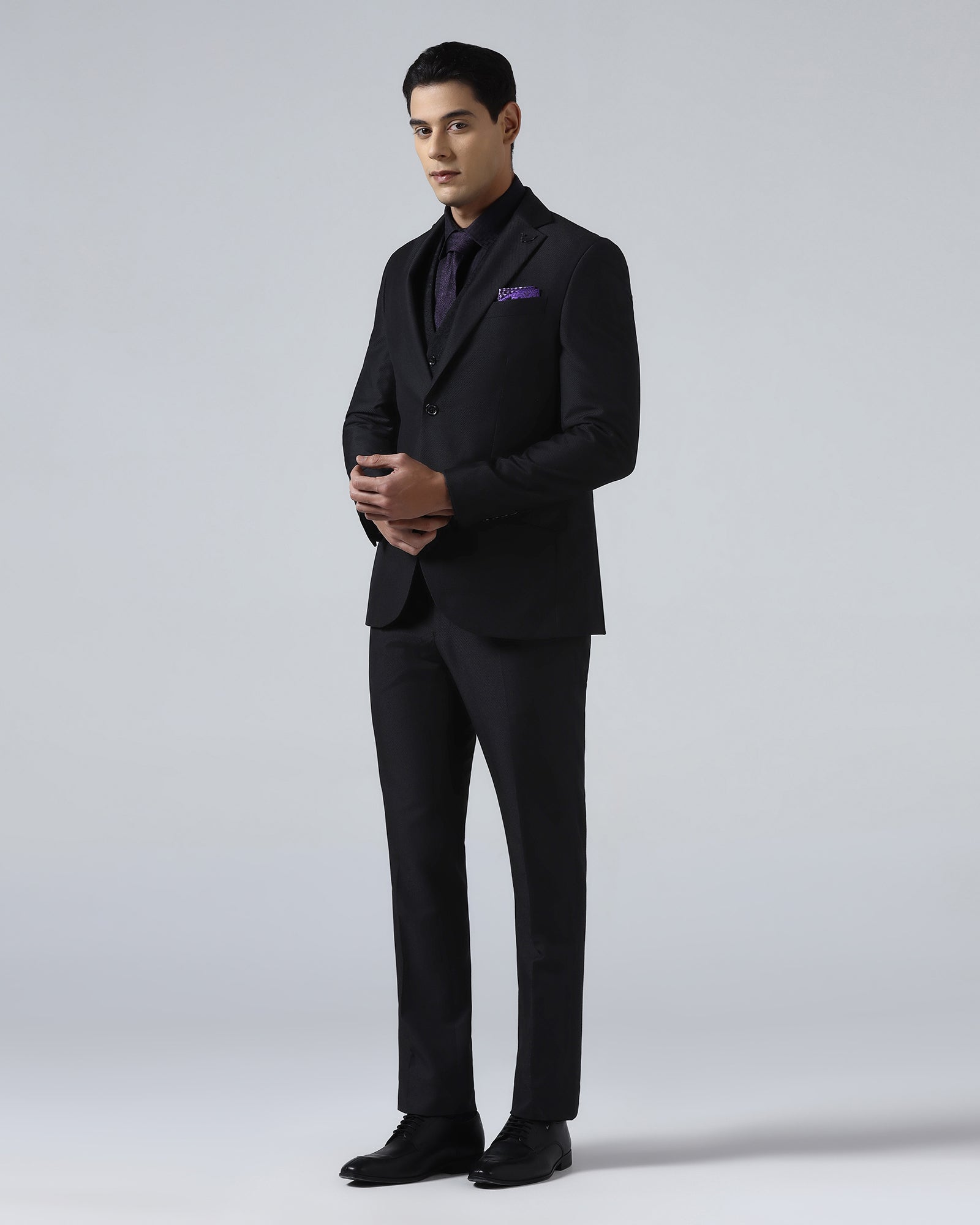 Black Three Piece Textured Suit - Kizu