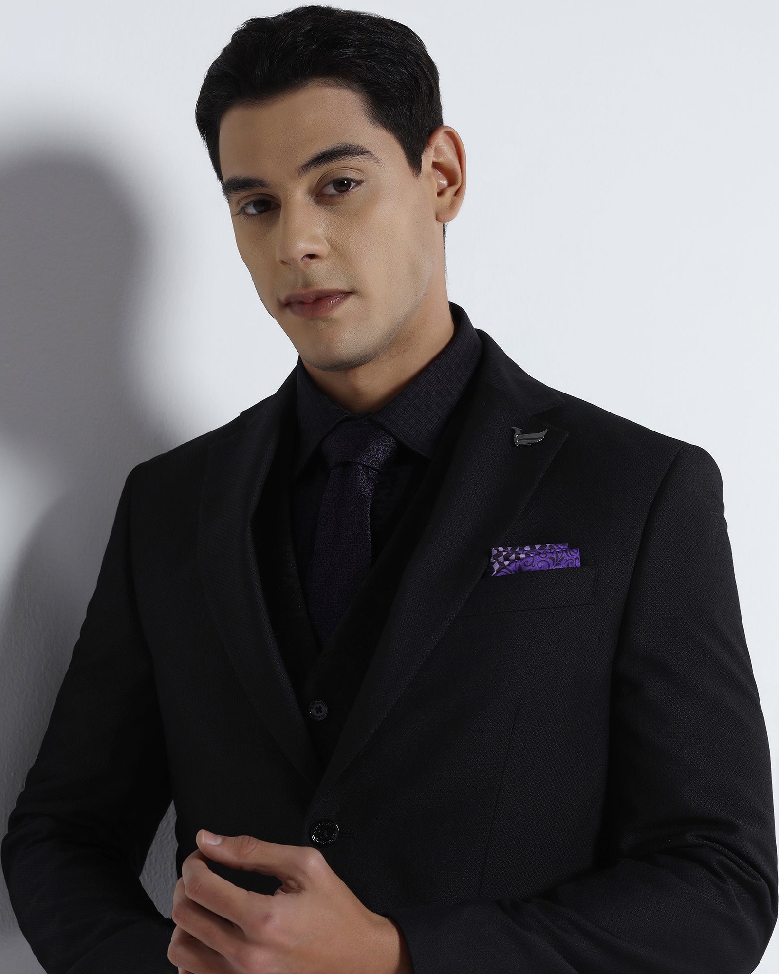 Black Three Piece Textured Suit - Kizu