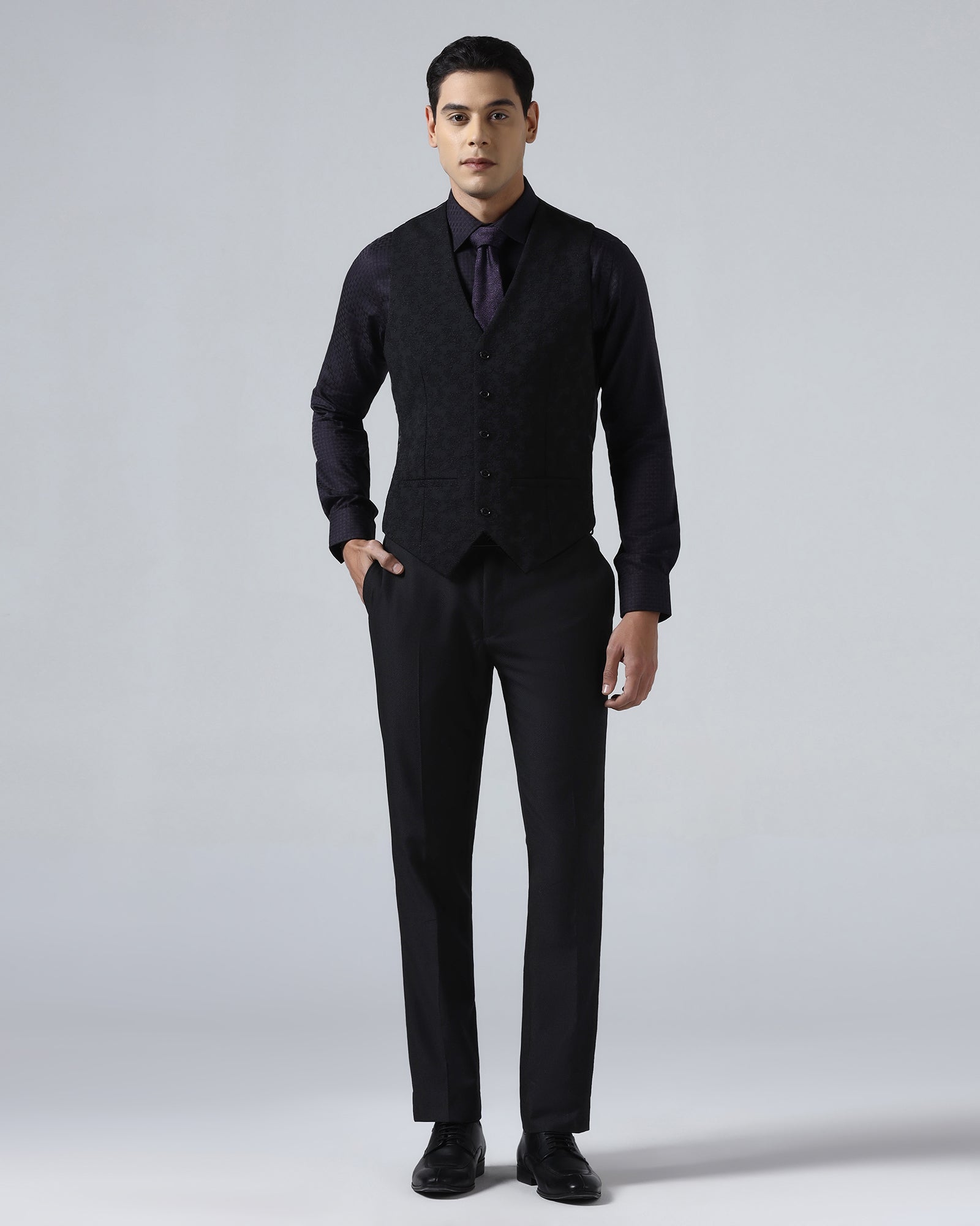 Black Three Piece Textured Suit - Kizu