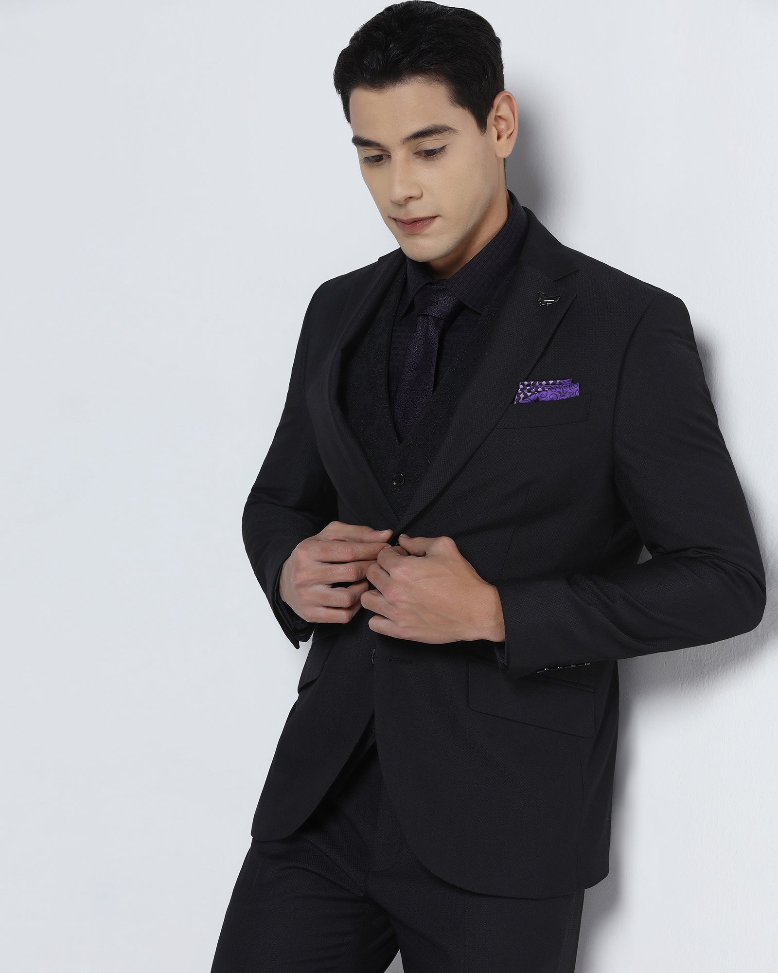 Black Three Piece Textured Suit - Kizu