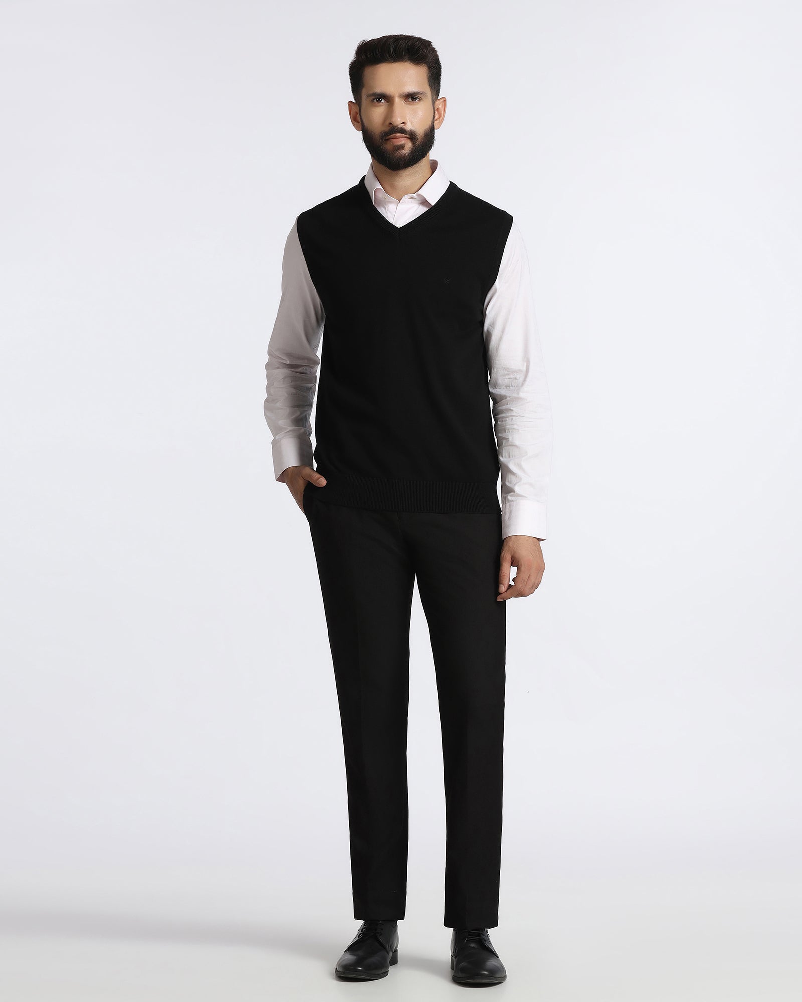 Black V-Neck Solid Sweatshirt - Less