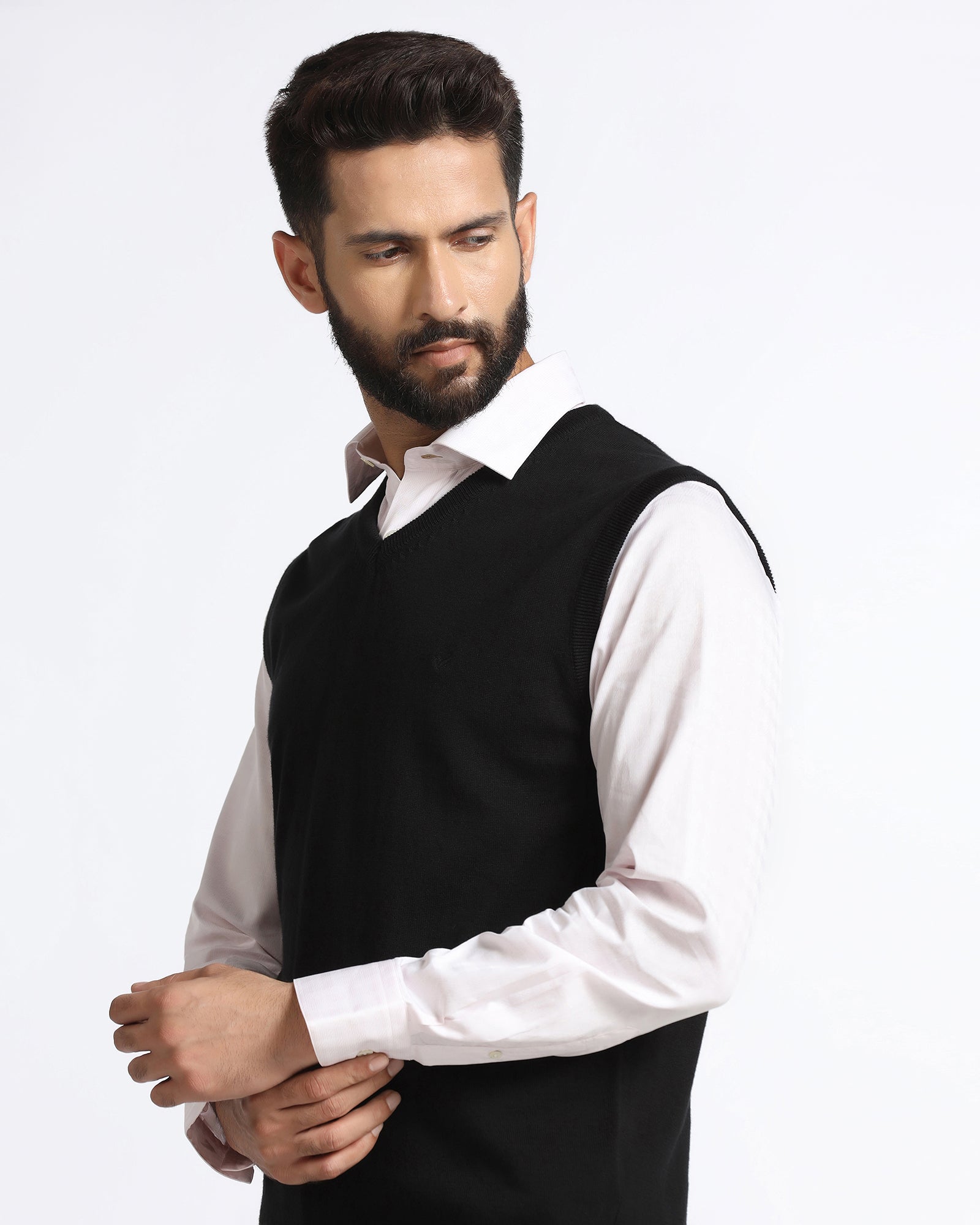 Black V-Neck Solid Sweatshirt - Less