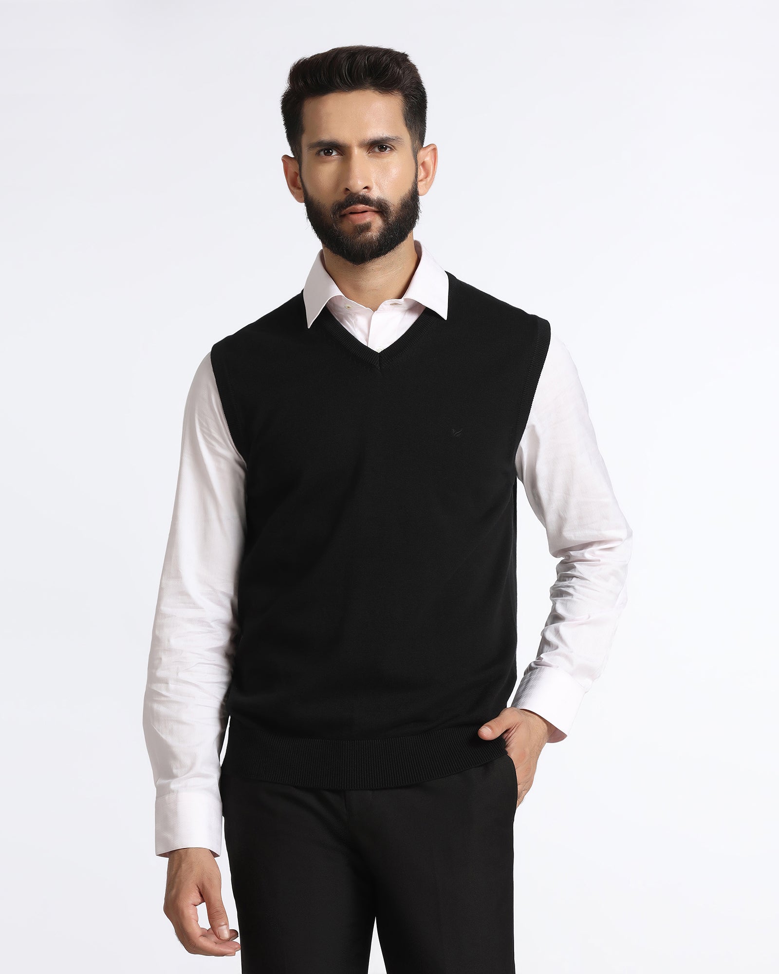 Black V-Neck Solid Sweatshirt - Less