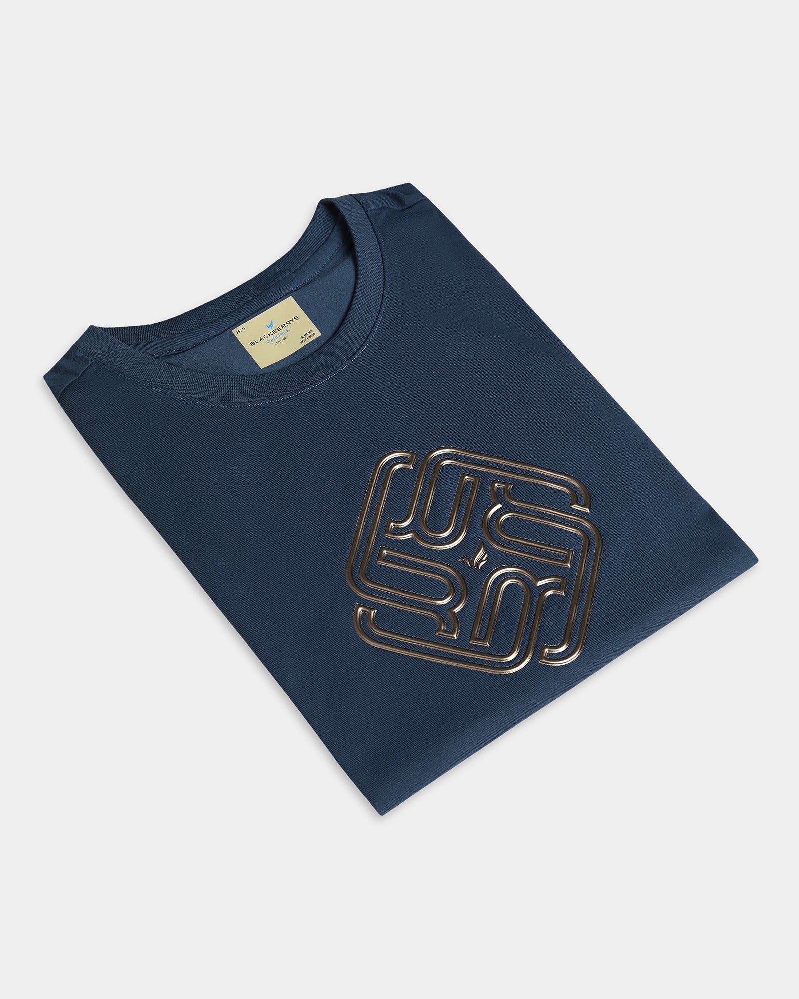 Blue Crew Neck Textured T-Shirt - Crown