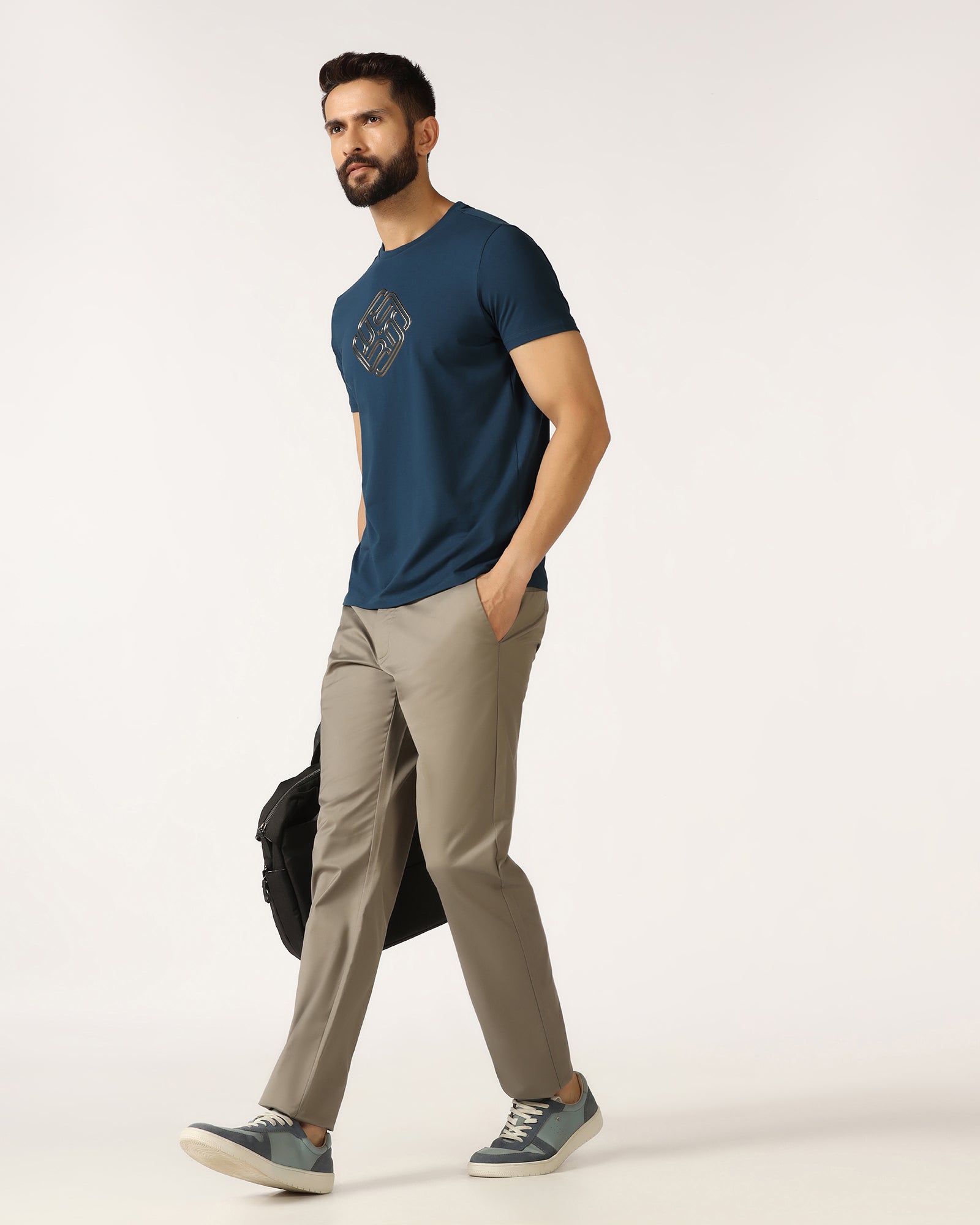 Blue Crew Neck Textured T-Shirt - Crown