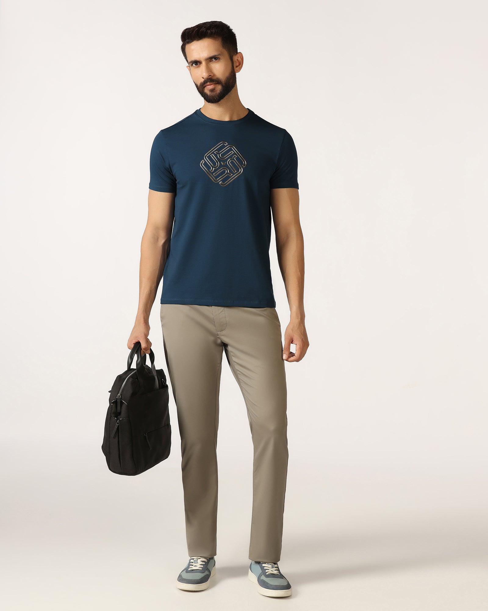 Blue Crew Neck Textured T-Shirt - Crown