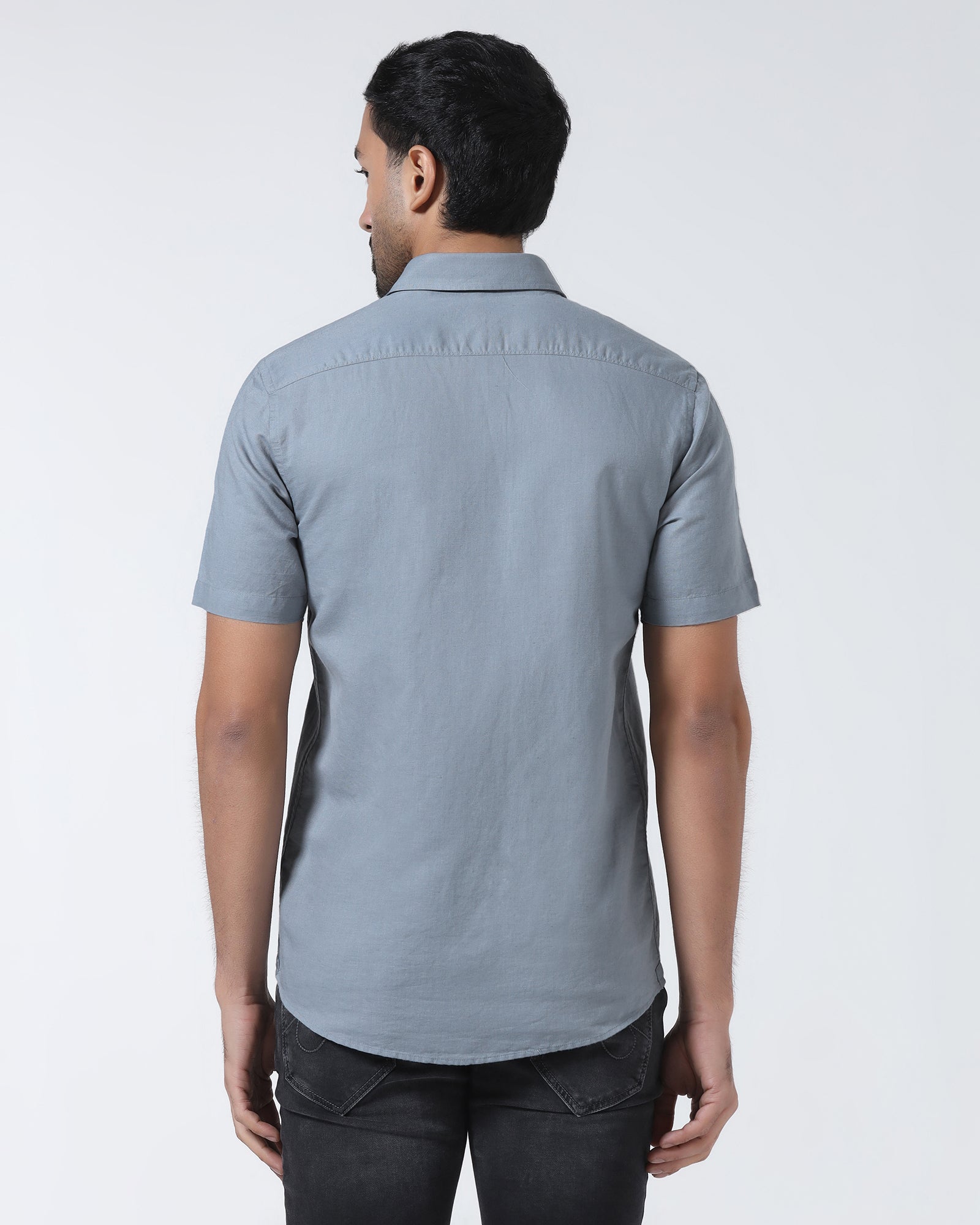 Blue Grey Half Sleeve Linen Solid Shirt - Cleo