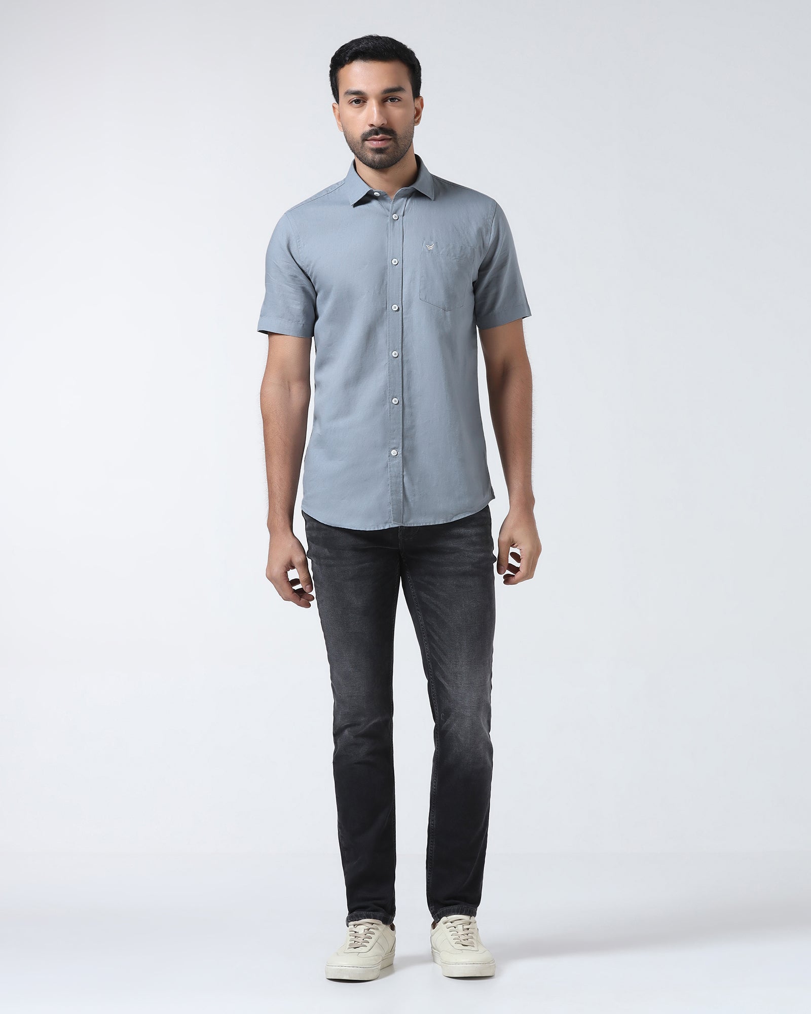Blue Grey Half Sleeve Linen Solid Shirt - Cleo