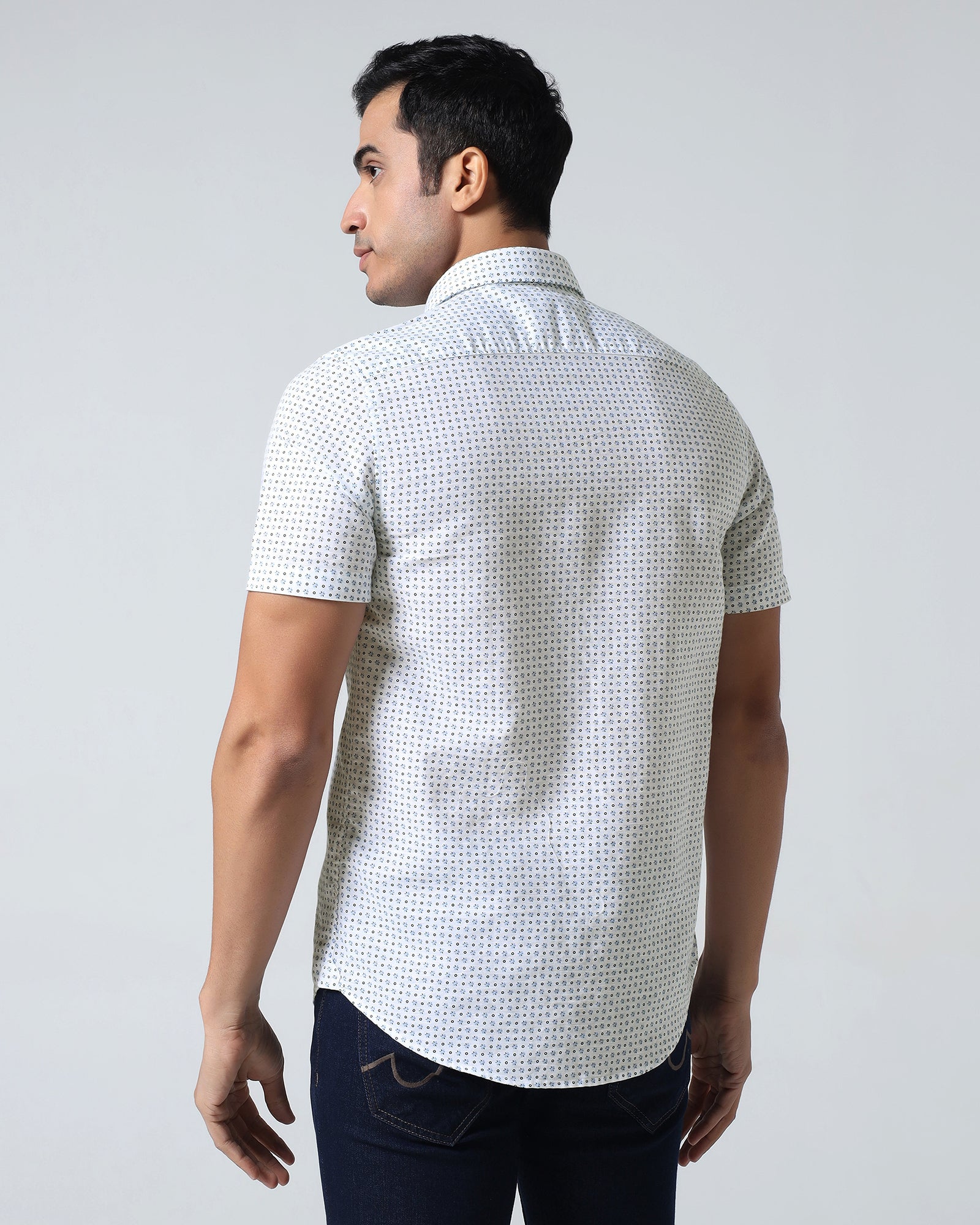 Blue Half Sleeve Linen Printed Shirt - Rogel