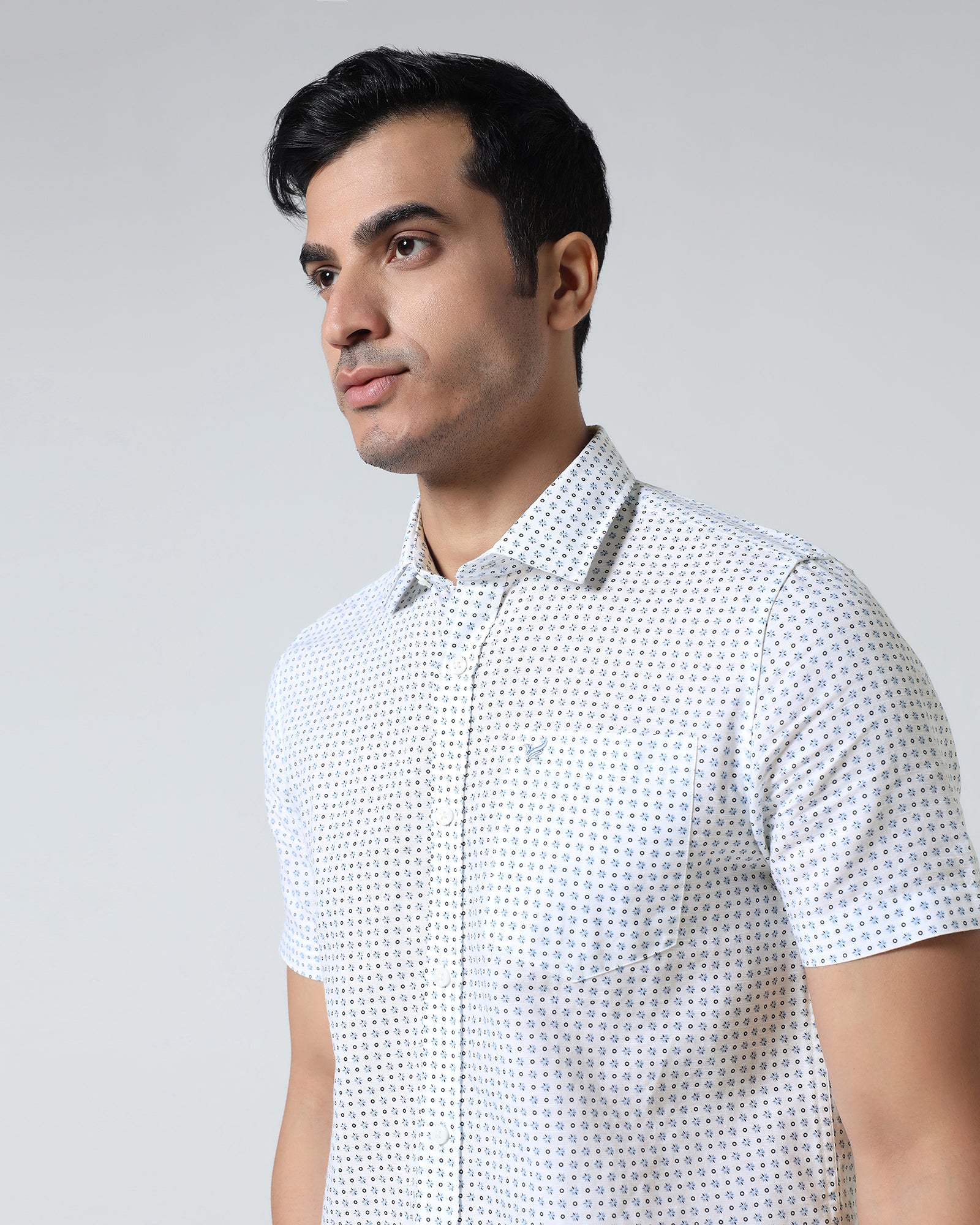 Blue Half Sleeve Linen Printed Shirt - Rogel