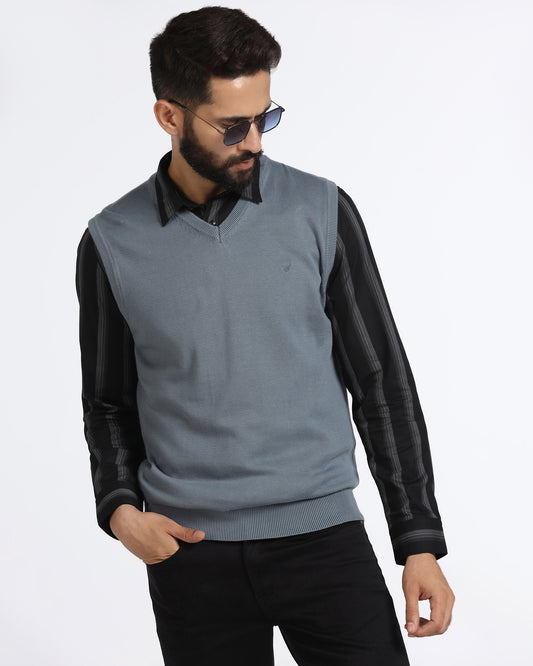 Blue V-Neck Solid Sweater - Less