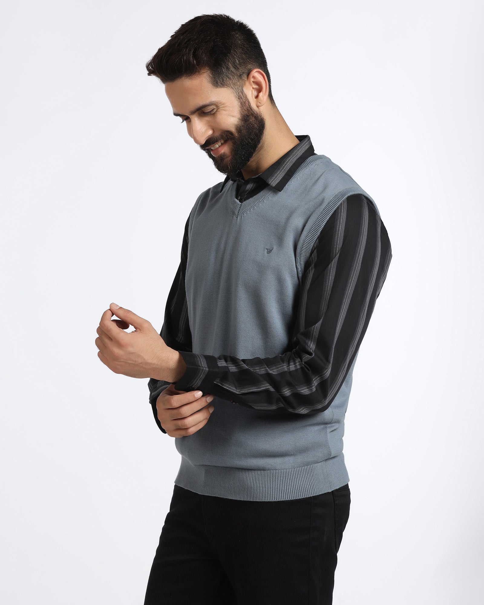 Blue V-Neck Solid Sweatshirt - Less