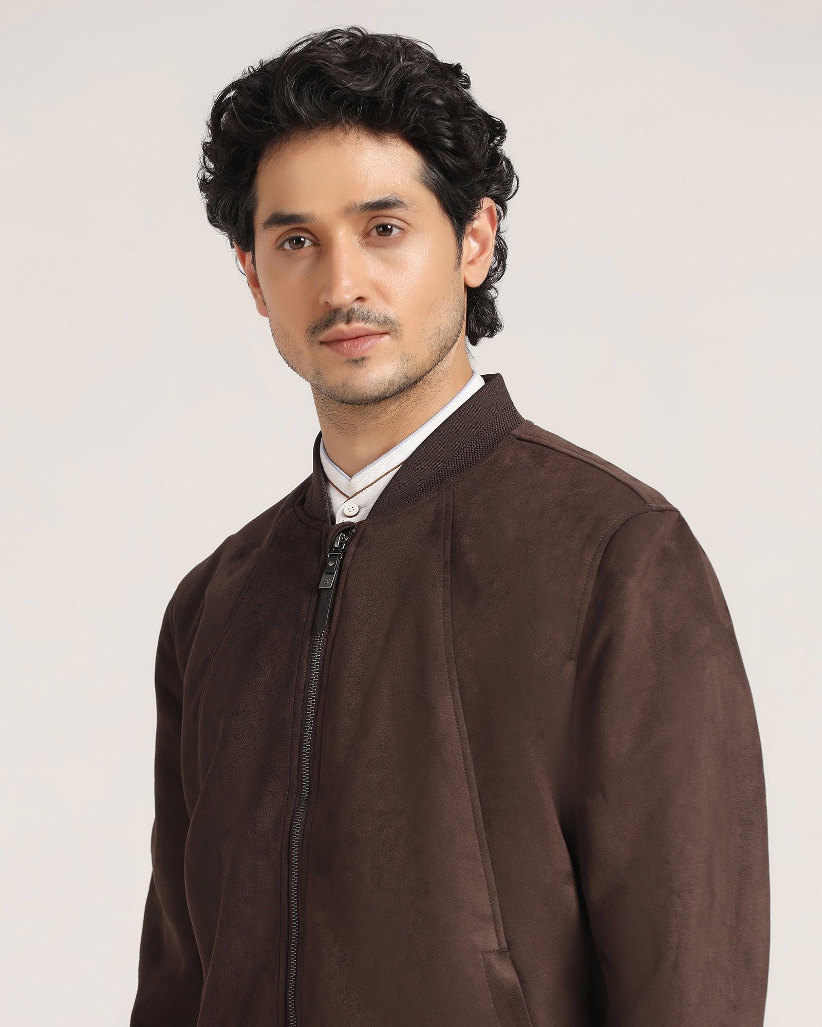 Bomber Coffee Brown Solid Zipper Jacket - Raul - Blackberrys